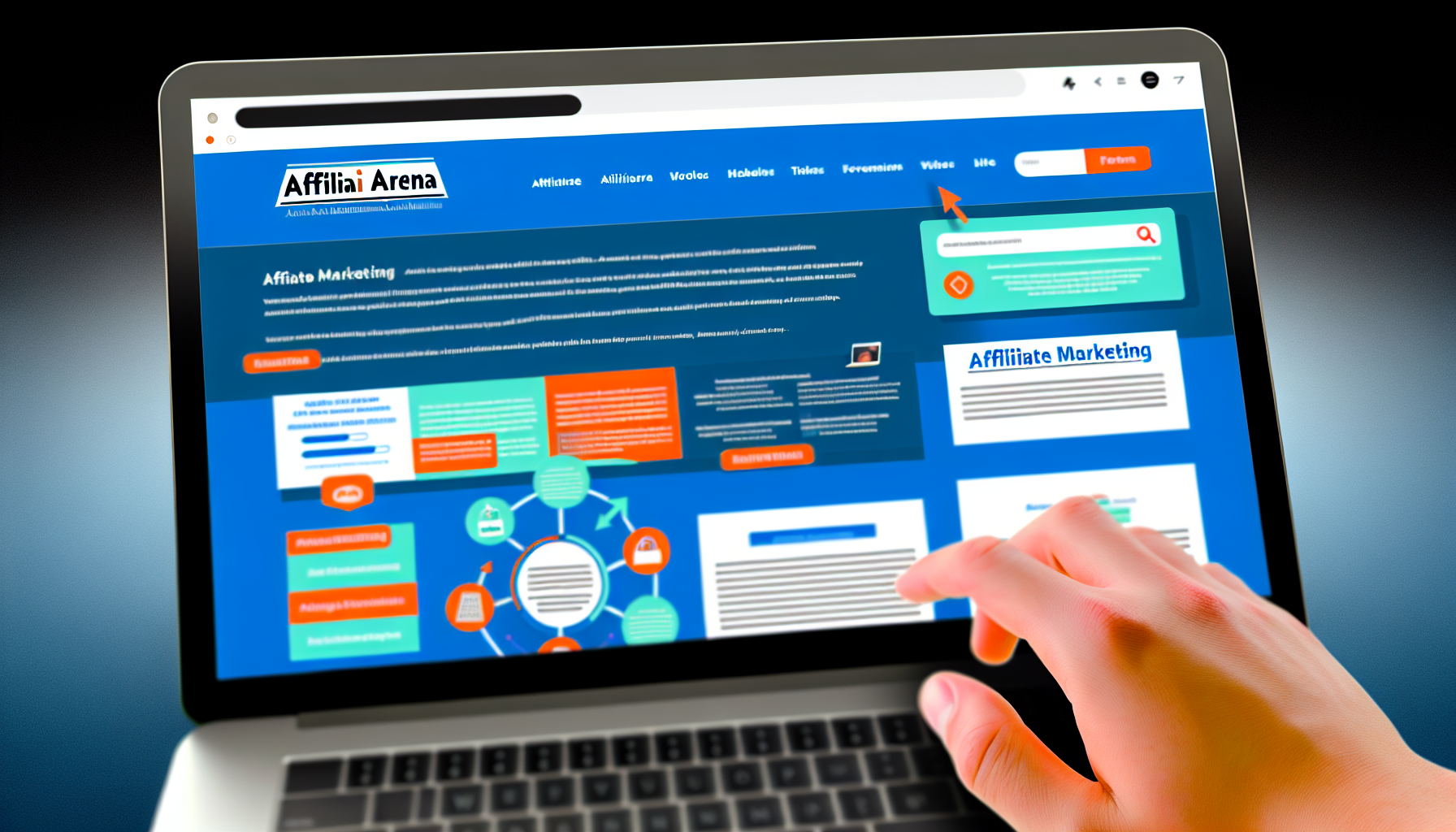 Erstellen Sie ein Bild einer Website mit dem Namen 'affiliarena.com'. Die Website sollte eine klare Benutzeroberfläche haben, die Navigationsmenüs, Grafiken und Textinhalte über Affiliate-Marketing umfasst. Sie sollte ein professionelles und modernes Design aufweisen, mit Funktionen wie bunten Infografik-Elementen, einer Suchleiste und Kundenbewertungen. Das gesamte Farbschema der Seite sollte in Blautönen gehalten sein, da dies für eine Geschäftsstelle geeignet ist und ein Gefühl von Vertrauenswürdigkeit und Zuverlässigkeit vermitteln kann.
