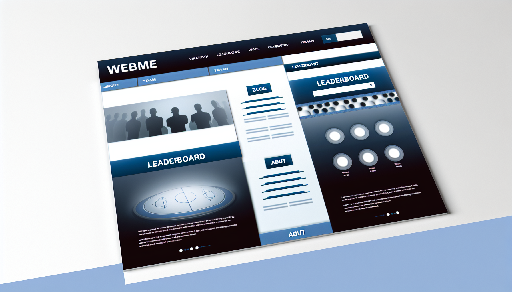 Ein Bild einer modernen, eleganten und professionell aussehenden Website. Das Layout ist sauber und organisiert und enthält Abschnitte wie Blog, Rangliste, Über uns und Teamprofile. Die Farbgestaltung wird von Blau- und Weißtönen dominiert. Die Website sollte auch interaktive Elemente wie Dropdown-Menüs und klickbare Schaltflächen haben. Der Stil sollte visuell ansprechend sein und ein Gefühl von Wettbewerbsfähigkeit, Gemeinschaft und Engagement fördern.
