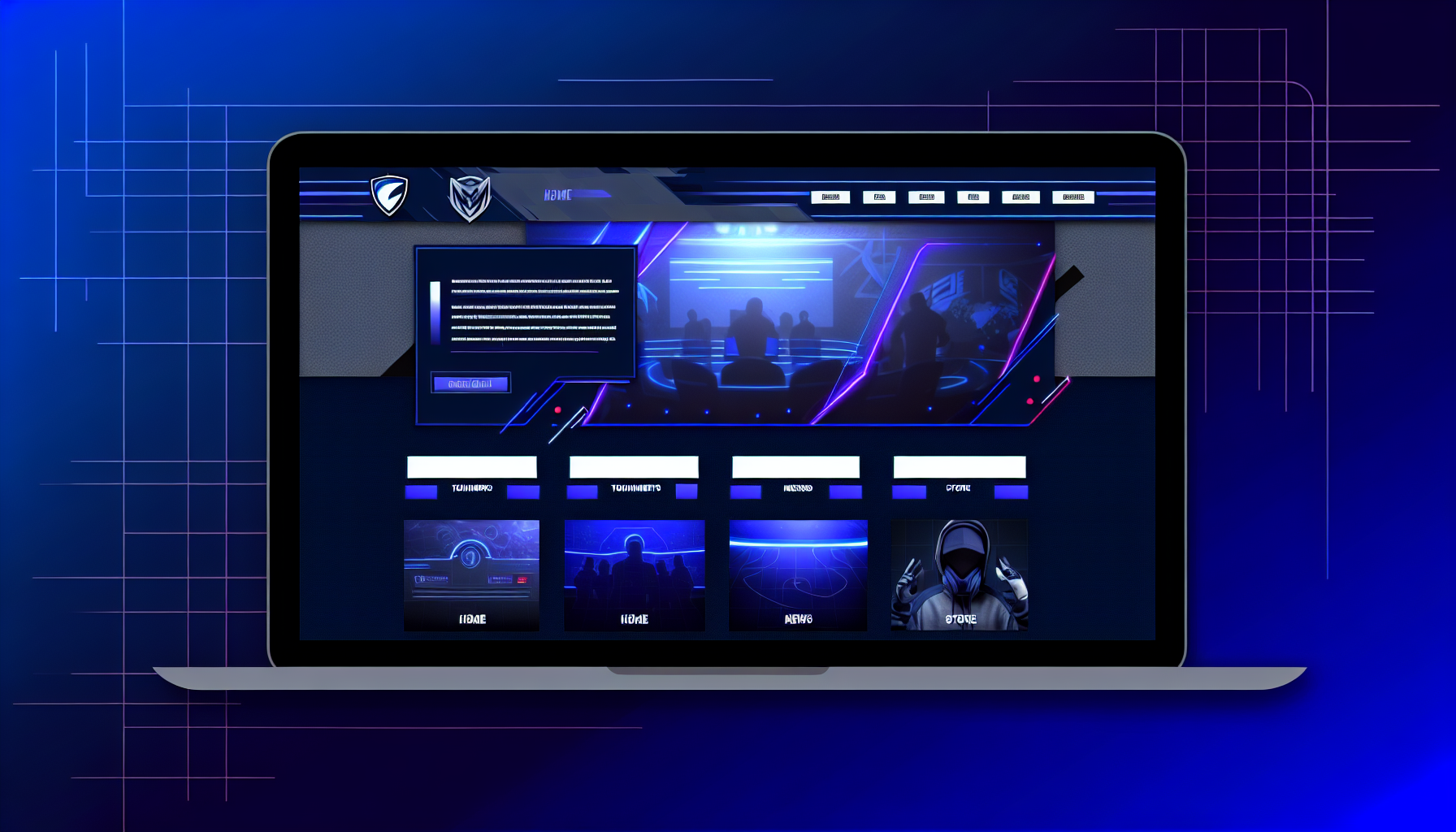 Erstellen Sie ein Bild einer Website mit modernem Design. Das Thema der Seite dreht sich um Esports und Gaming und verwendet ein Farbschema aus Marineblau und Grau. Sie hat verschiedene Abschnitte wie 'Startseite', 'Turniere', 'Nachrichten' und einen 'Shop'. Der Hintergrund ist mit Anzeichen von Neonlinien und geometrischen Akzenten dekoriert, um eine energiegeladene und dynamische Umgebung darzustellen. Das Layout der Website zeigt auf der rechten Seite eine prominente Rangliste mit Spieler-Rankings und den entsprechend verdienten Punkten.