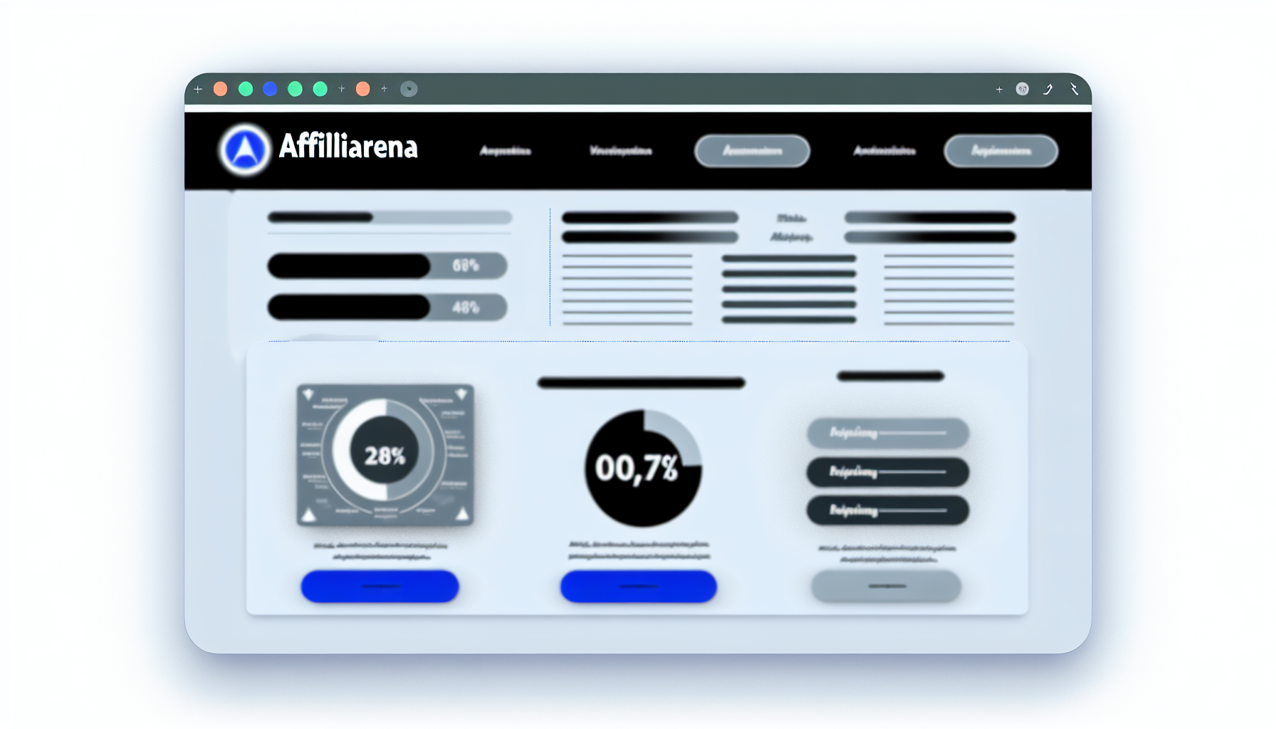Erstellen Sie ein Bild einer hypothetischen Website-Startseite mit dem Namen 'AffiliArena'. Sie sollte ein schlankes und modernes Design aufweisen, das typische Schnittstellen von Affiliate-Marketing-Websites demonstriert. Die Hauptelemente sollten Diagramme enthalten, die verschiedene Statistiken darstellen, Schaltflächen für verschiedene Kategorien und überzeugende Handlungsaufforderungen. Das Farbschema sollte sich an kühleren Farbtönen orientieren, wie Blau- und Grautönen.