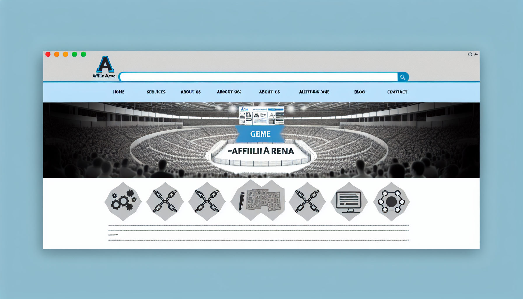 Erstellen Sie ein Bild einer fiktiven Website mit dem Titel 'Affiliarena'. Die Website sollte oben ein Logo haben, das eine Kombination aus Ketten und einer Arena darstellt. Die Navigationsleiste sollte Optionen enthalten, die mit 'Startseite', 'Über uns', 'Dienstleistungen', 'Blog' und 'Kontakt' beschriftet sind. Der Hauptbereich sollte ein großes Banner haben, das eine Collage aus zahlreichen kleinen Symbolen zeigt, die verschiedene Branchen wie Technologie, Gesundheitswesen, Finanzen und mehr repräsentieren. Der untere Abschnitt sollte Details zur Website und ein Abonnementfeld für Newsletter enthalten.