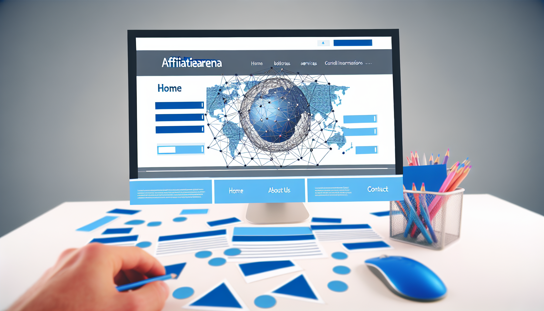 Erstellen Sie eine künstlerische Darstellung einer hypothetischen Website mit dem Titel 'affiliarena.com'. Die Webseite sollte im modernen Stil gestaltet sein, mit Bannern und Links, die in harmonischen Farbschemata angeordnet sind. Das zentrale Element sollte ein digitaler Globus sein, der Knotenpunkte rund um die Welt zeigt und internationale Verbindungen symbolisiert. Das Farbschema der Webseite sollte blau und weiß sein. Fügen Sie relevante Abschnitte wie 'Startseite', 'Über uns', 'Dienstleistungen' und 'Kontakt' hinzu. Denken Sie daran, dass es sich um eine geschäftsorientierte, interaktive und benutzerfreundliche Website handelt.