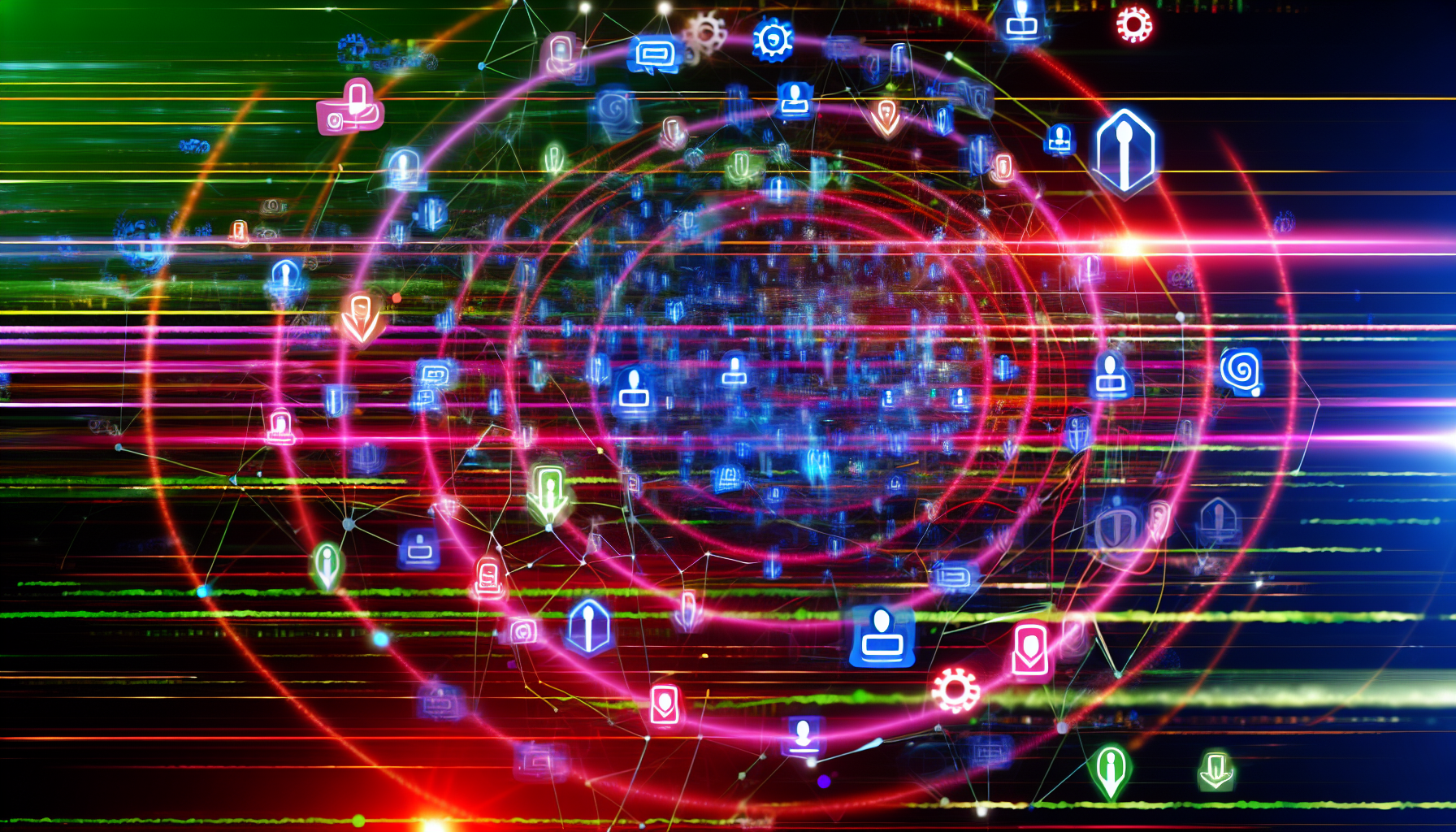 Gestalte eine visuelle Darstellung einer lebendigen, pulsierenden Web-Domain. In diesem kulturellen Zentrum sollte eine Online-Arena oder ein Forum zu sehen sein, in dem digitale Enthusiasten, Technikliebhaber und leidenschaftliche Internetnutzer zusammenkommen. Die vorwiegend virtuelle Atmosphäre sollte das Bild mit pulsierenden Neonlichtern durchdringen, ähnlich einer pulsierenden digitalen Landschaft. In dieser Landschaft sollten verschiedene Gesprächsfäden durch unterschiedlich gefärbte Lichtstränge symbolisiert werden. Wichtige Themen wie Gaming, Technologie und Online-Trends könnten durch schwebende Icons im Äther der digitalen Arena dargestellt werden. Bitte füge keine erkennbaren Logos oder Marken hinzu.