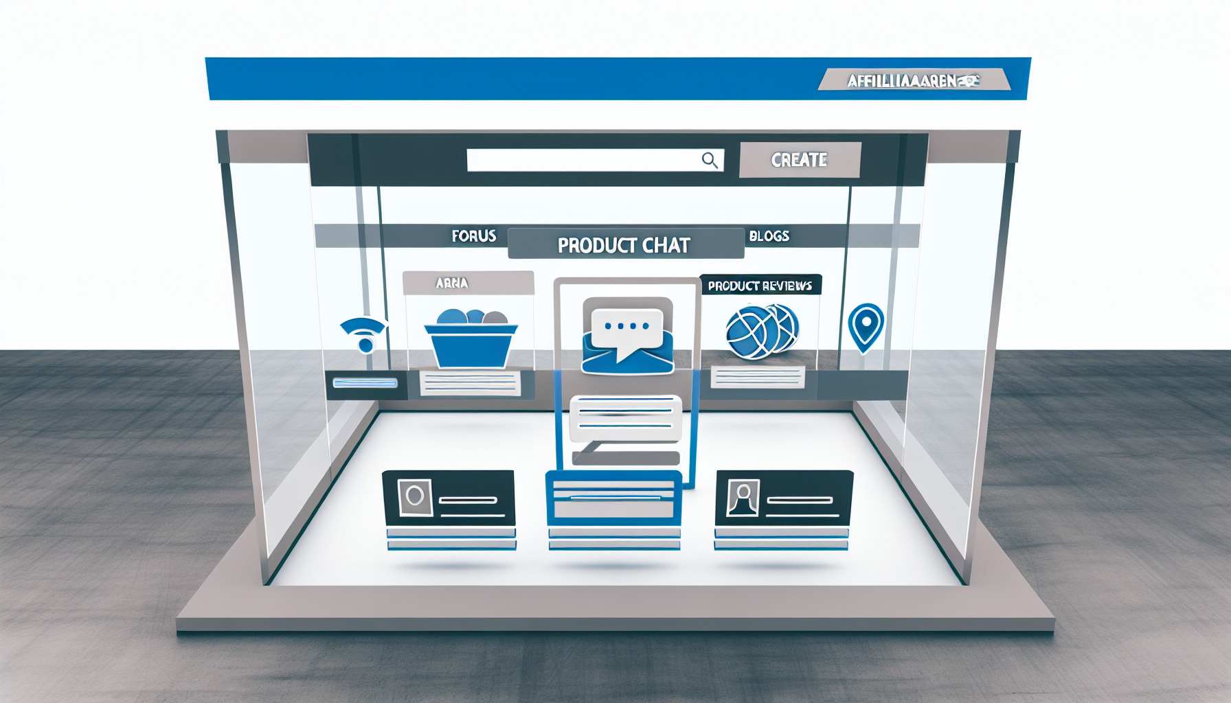 Erstellen Sie ein Bild einer hypothetischen Webseite, die eine dynamische und ansprechende Online-Plattform darstellt. Sie könnte verschiedene Bereiche wie Foren, Blogs, Live-Chat, Produktbewertungen, Bewertungssysteme und Ähnliches enthalten. Das Farbschema könnte eine Mischung aus Blau, Grau und Weiß mit modernen Schriftarten und responsiven Icons sein. Diese hypothetische Webseite könnte den Namen 'AffiliaArena' tragen.