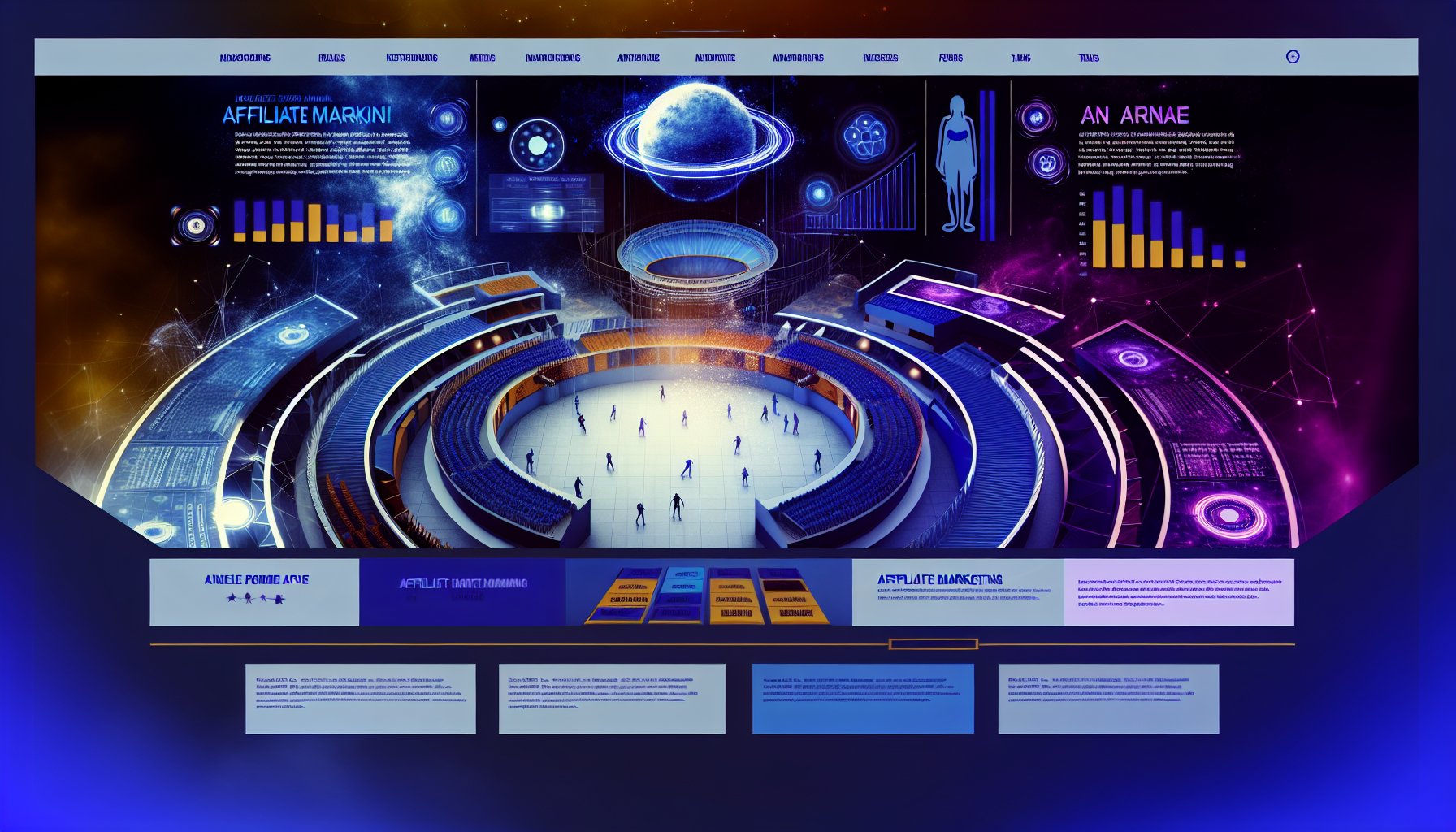 Ein Bild eines aufwendigen Website-Layouts, das mit dem Thema digitaler Raum resoniert, in dem Benutzer interagieren und an verschiedenen Aktivitäten teilnehmen. Der zentrale Fokus des Webseiten-Layouts ist eine Arena, die ein Zentrum für Affiliate-Marketing-Möglichkeiten symbolisiert. Es gibt Navigationsfunktionen an der Seite, und das Farbschema wird von kräftigen Blau- und Lilatönen dominiert, ergänzt durch lebendige goldene Akzente. Die in dem Webdesign verwendeten Schriftarten sind modern und auffällig, mit einem futuristischen Appeal. Verschiedene Infografiken, Diagramme und Registerkarten sind über die Seite verteilt und zeigen die verschiedenen Dienstleistungen, die von der Seite angeboten werden.