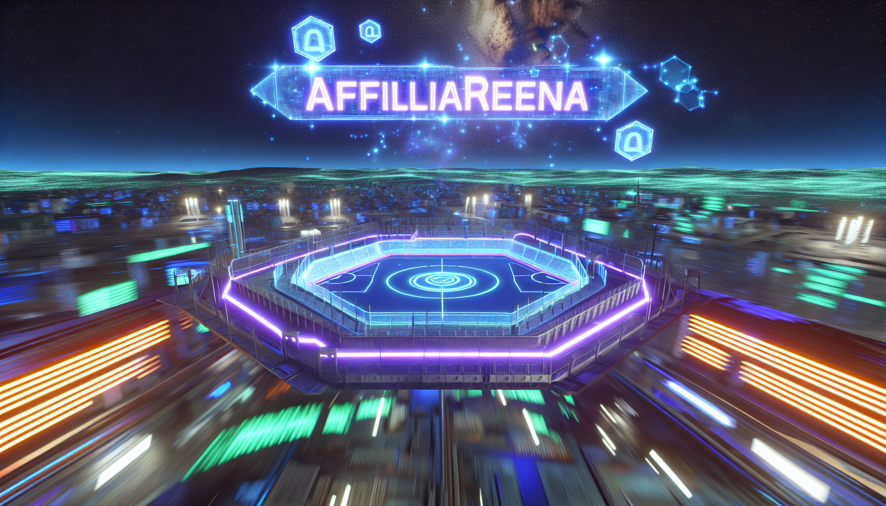 Ein Blick auf eine digitale Landschaft im futuristischen Internetbereich. Das Herzstück des Bildes ist eine digital konstruierte virtuelle Arena mit leuchtenden Neonlichtern an ihren Rändern. Sie zeigt ein metallisches, futuristisches Aussehen und strahlt ein Gefühl intensiver Konkurrenz aus. Das Wort 'Affiliarena' schwebt in 3D-holografischen Buchstaben über dieser Arena. Die umliegende Umgebung ist eine weitläufige cybernetische Stadt mit Hochhäusern, Neon-Werbetafeln und schnell fließenden Datenströmen, die in den sternenklaren Himmel übergehen. Dieser Ort ist ein Zentrum für verschiedene Online-Aktivitäten und spiegelt Technologie, Futurismus, Innovation und digitale Konkurrenz wider.