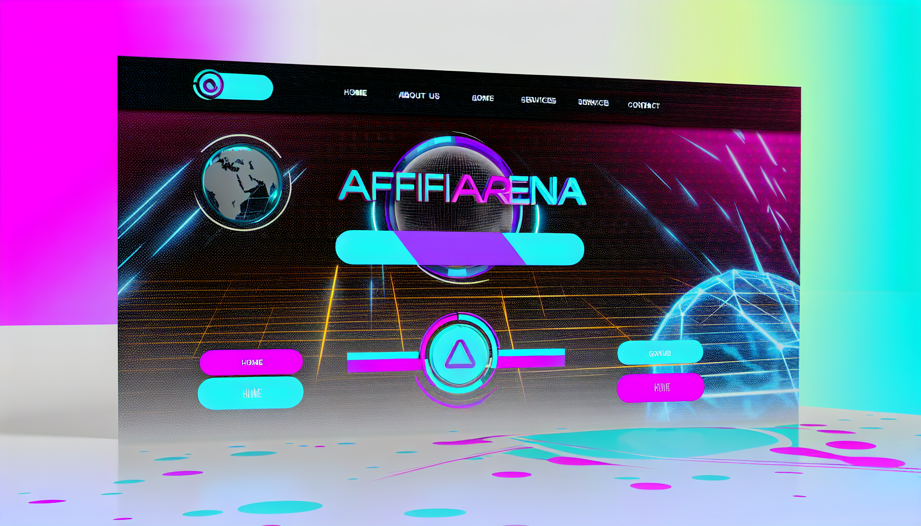 Erstellen Sie ein Bild einer modernen und eleganten Website. Das Hauptfarbschema sollte eine Mischung aus kühlen und warmen Farbtönen wie Cyan, Magenta und Gelb sein. Fügen Sie ein zentrales Banner mit dem Wort 'Affiliarena' in fetter, stilvoller Typografie hinzu. Platzieren Sie eine Navigationsleiste oben, die Links zu 'Startseite', 'Über uns', 'Dienstleistungen' und 'Kontakt' enthält. Der Hintergrund der Website sollte ein digitales Muster aufweisen, das das technische Flair des Layouts unterstreicht. Fügen Sie neben dem Banner ein stilisiertes Globus-Symbol und eine digitale Uhr ein. Verwenden Sie keine spezifischen Logos oder urheberrechtlich geschützten Bilder.
