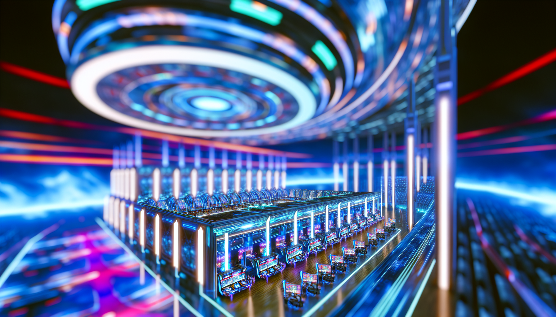 Erstellen Sie ein Bild einer futuristischen, hochentwickelten virtuellen Arena. Dieser Ort sollte mit lebendigen Lichtern und komplexen elektronischen Displays gefüllt sein und Platz für verschiedene Spiele und Wettbewerbe bieten. Das Design kann Elemente der Science-Fiction und Fantasy in seiner Architektur und dem Gesamtaussehen integrieren. Die Umgebung ist lebhaft und geschäftig, mit der Anwesenheit von Zuschauern und Wettbewerbern, die an verschiedenen Aktivitäten im Zusammenhang mit den verschiedenen Veranstaltungen teilnehmen.