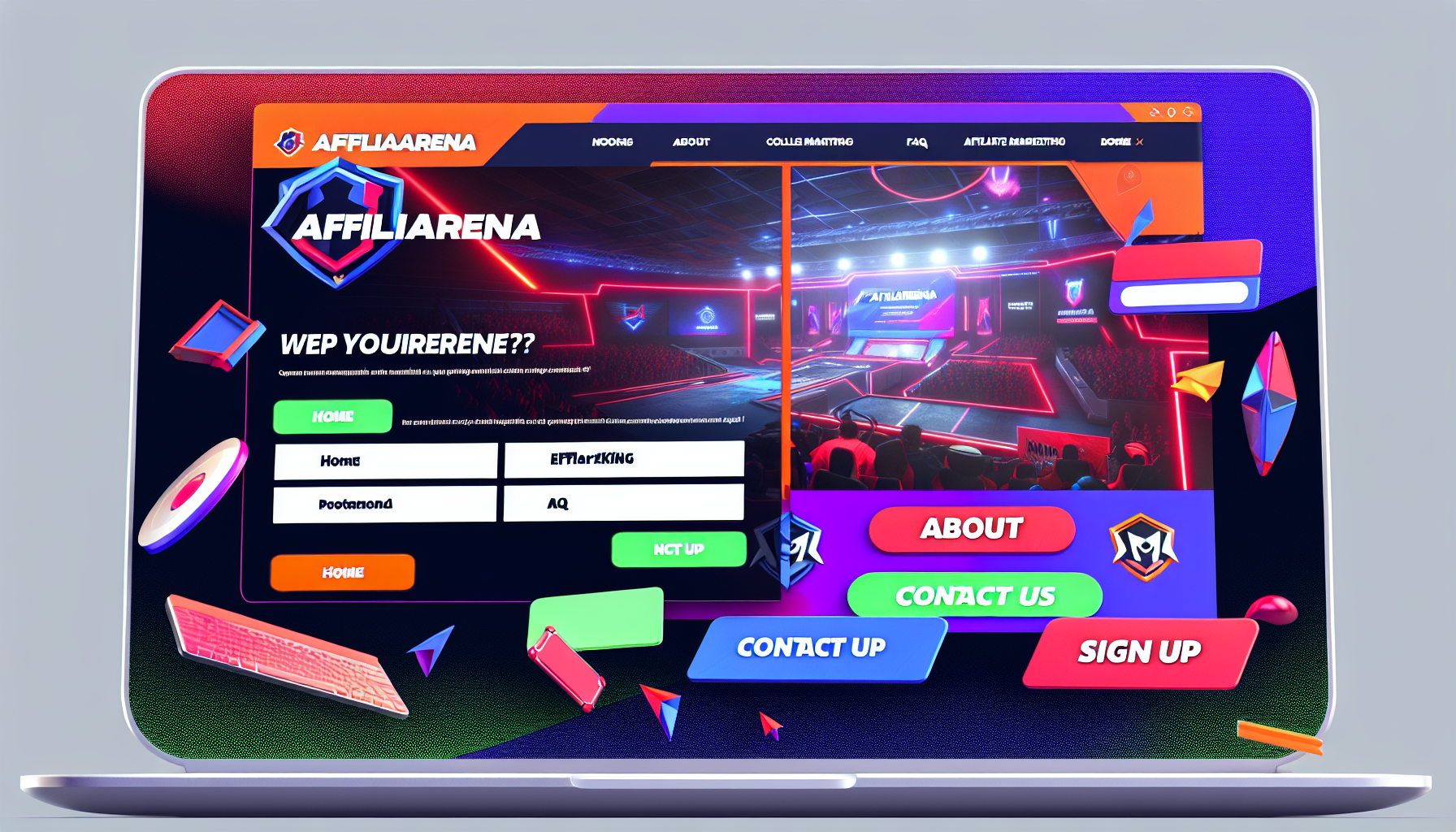 Erstellen Sie ein Bild eines modernen, lebendigen Website-Layouts für eine fiktive Plattform namens 'AffiliArena'. Das Design sollte Elemente von eSports, Affiliate-Marketing und Gaming integrieren. Die Landingpage der Website sollte verschiedene Abschnitte wie 'Startseite', 'Über uns', 'Kontakt', 'Häufige Fragen' und 'Anmelden' enthalten. Es sollten auch einige Pop-up-Notizen, Banner mit Werbeangeboten, ansprechende Farbkombinationen und dynamische Elemente wie Dropdown-Menüs und Slider vorhanden sein. Zeigen Sie außerdem einige Benutzer, die im Hintergrund mit den Website-Komponenten interagieren, um eine ansprechende, gemeinschaftliche Atmosphäre zu schaffen.