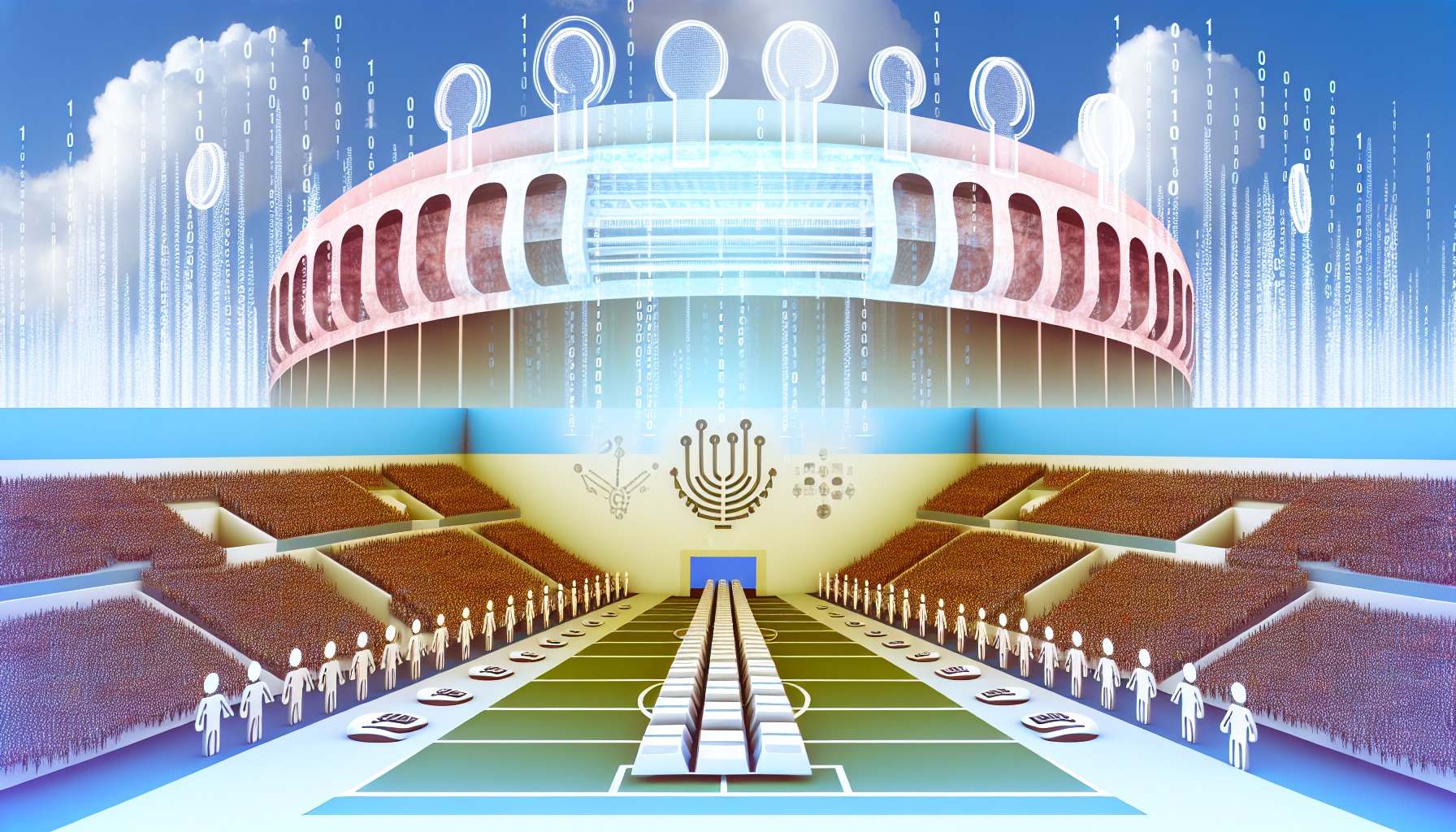 Erstellen Sie eine konzeptionelle Bilddarstellung einer Online-Plattform. Die Plattform wird durch ein riesiges Stadion symbolisiert, das sich vor einem Himmel voller Einsen und Nullen befindet, was für eine digitale Umgebung steht. Innerhalb des Stadions sind die Nutzer durch unterschiedlich große Kugeln mit Tastaturen und Mäusen dargestellt, die eine vielfältige Gemeinschaft zeigen, die interagiert und an verschiedenen Aktivitäten und Wettbewerben teilnimmt. An der Vorderseite des Stadions prangt ein Emblem mit abstrakten Formen, um Urheberrechtsverletzungen zu vermeiden.