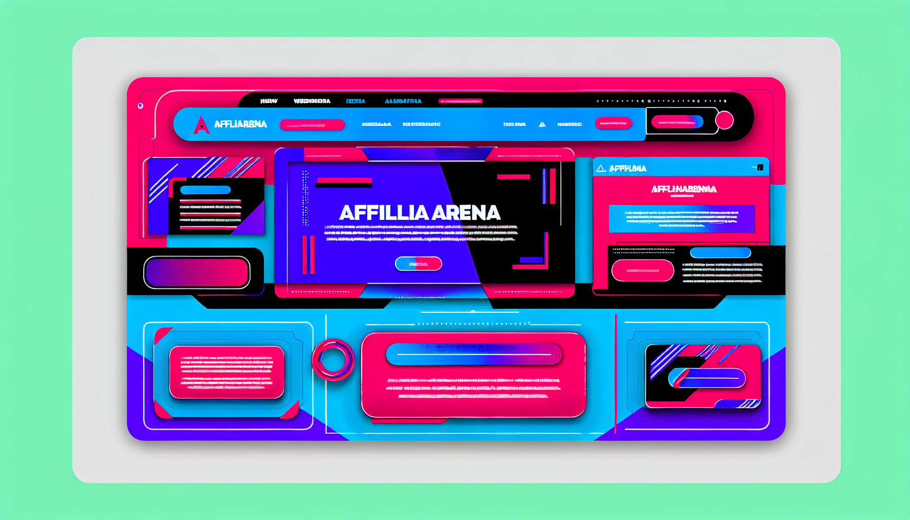 Ein illustratives Design für eine Website namens 'affiliarena.com'. Das Design besteht aus kräftigen und lebendigen Farben, überwiegend in Schattierungen von Cyan und Magenta, mit schlanker, moderner Typografie. Das Layout umfasst einen Hauptkopf mit dem Namen der Website und einem Slogan, eine responsive Navigationsleiste und eine Reihe von markanten Abschnitten für verschiedene Arten von Webinhalten. Es hat eine professionelle, aber dennoch zugängliche Ästhetik, die für ein Tech-Startup geeignet ist. Im Footer sind auch Links zu sozialen Medien enthalten, um die Online-Präsenz der Website zu stärken.