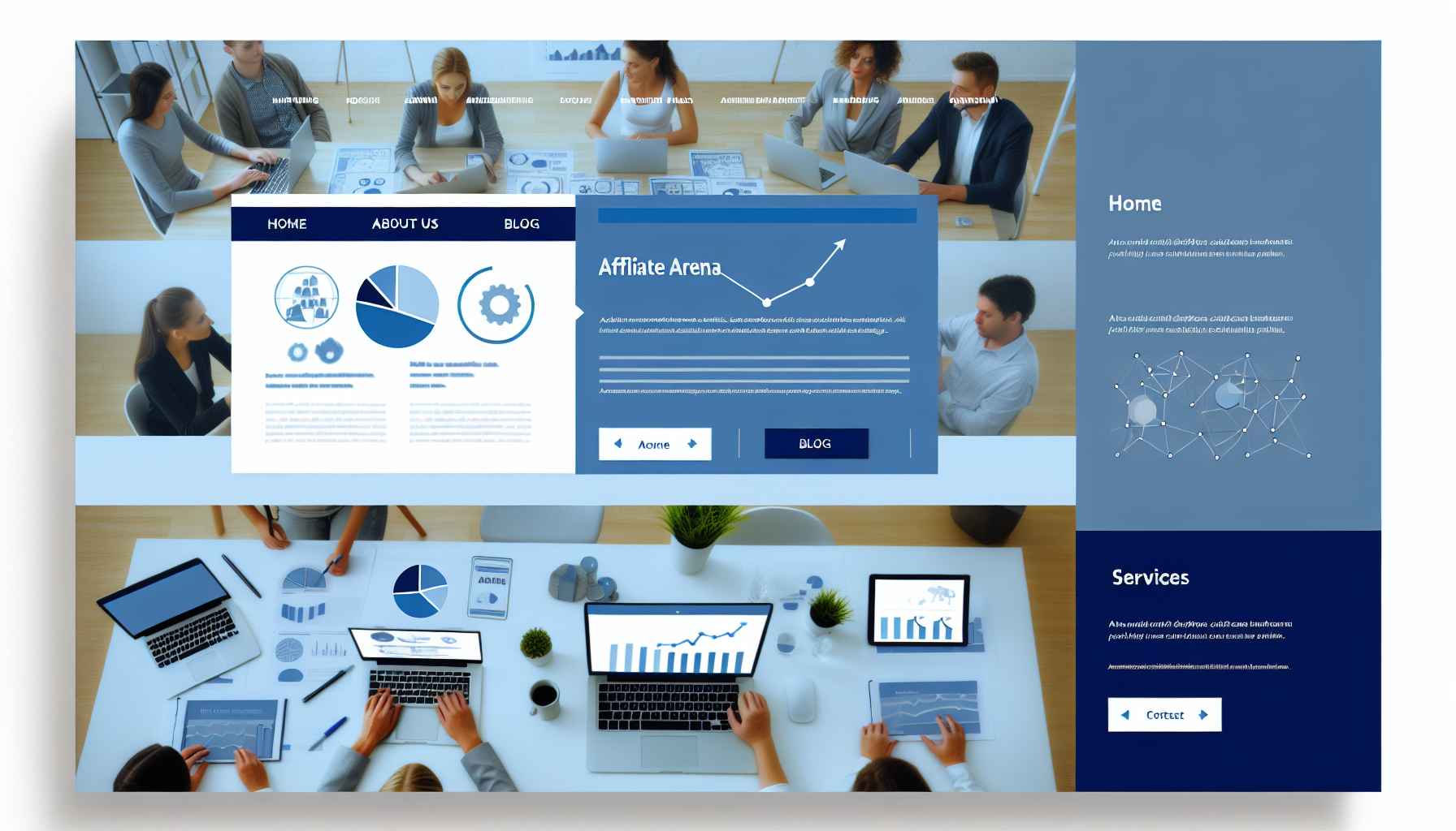 Erstellen Sie ein Bild einer potenziellen Startseite für eine fiktive Website namens 'affiliarena.com'. Stellen Sie sich dies als moderne, saubere Website vor, die sich mit Affiliate-Marketing beschäftigt. Die Seite sollte Abschnitte wie 'Startseite', 'Ãber uns', 'Dienstleistungen', 'Blog' und 'Kontakt' enthalten. Es sollten ansprechende visuelle Elemente im Zusammenhang mit Marketing vorhanden sein, einschlieÃlich Grafiken, Diagrammen und Menschen, die an Laptop-Computern arbeiten. Verwenden Sie ein Farbschema aus Blau-, WeiÃ- und Grautönen, um ein professionelles Gefühl zu erzeugen.