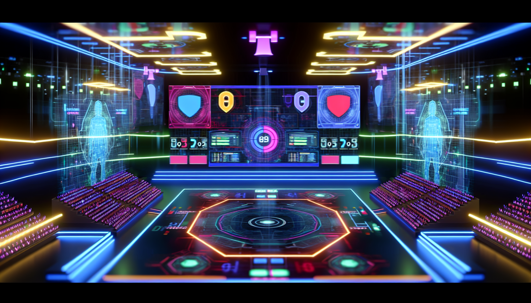Stellen Sie sich ein Bild vor, das einen digitalen Raum darstellt, der das Gefühl einer Arena vermittelt. Ein virtueller Bereich, in dem verschiedene Teams, dargestellt durch unterschiedliche digitale Symbole oder Farben, scheinbar gegeneinander antreten. Die Umgebung ist reich an Neonlichtern und futuristischer Technologie, mit großen, digitalisierten Bildschirmen, die verschiedene Statistiken, Ränge und Punktzahlen anzeigen. Einige der Bildschirme zeigen einen Live-Feed der laufenden Wettbewerbe. Das Design vermittelt ein Gefühl von Kameradschaft, Rivalität und aufregendem Hochdruck.