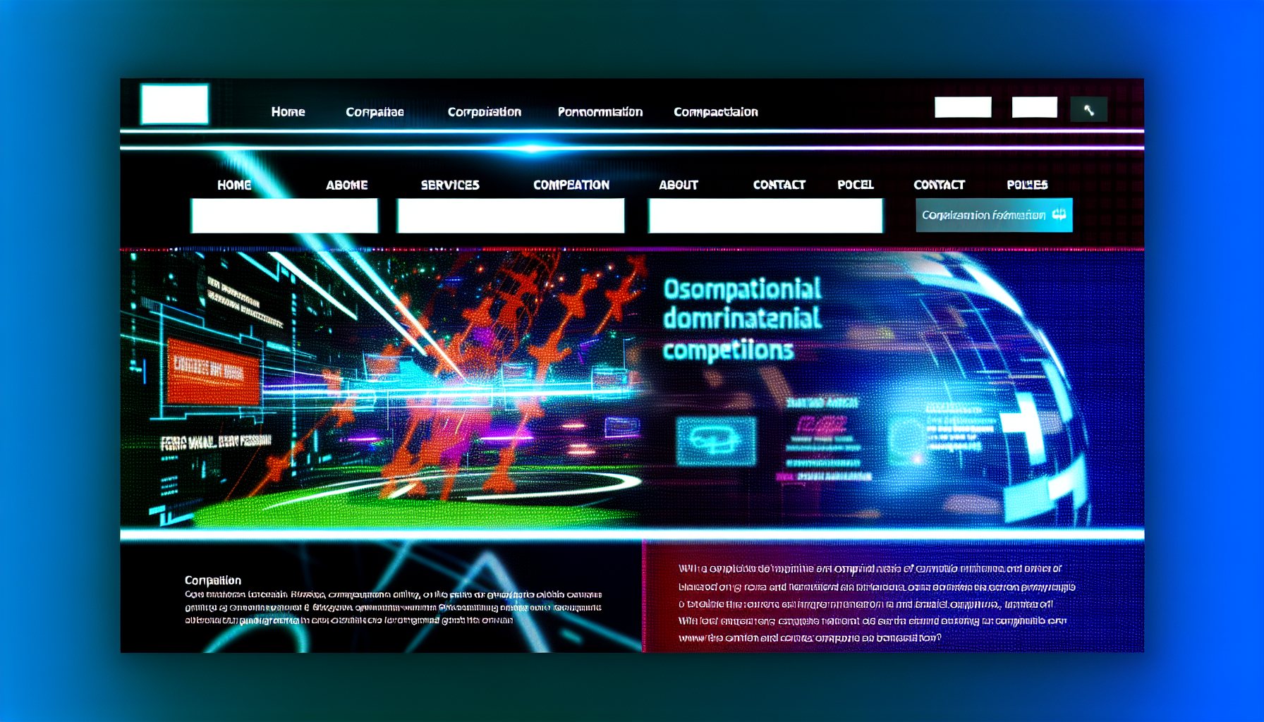 Erstellen Sie ein Bild einer dynamischen Website-Startseite mit einem futuristischen Interface-Design. Die Startseite enthält ein Navigationsmenü oben mit den Abschnitten 'Startseite', 'Über uns', 'Dienstleistungen' und 'Kontakt'. In der Mitte befindet sich ein großes Banner, das Online-Wettbewerbe bewirbt, illustriert mit lebendigen Farben und digitalen Motiven. Unter dem Banner gibt es Miniaturansichten verschiedener Veranstaltungen mit kurzen Beschreibungen. Am unteren Ende der Seite werden Informationen über das Unternehmen und rechtliche Richtlinien in kleiner Schrift angezeigt.