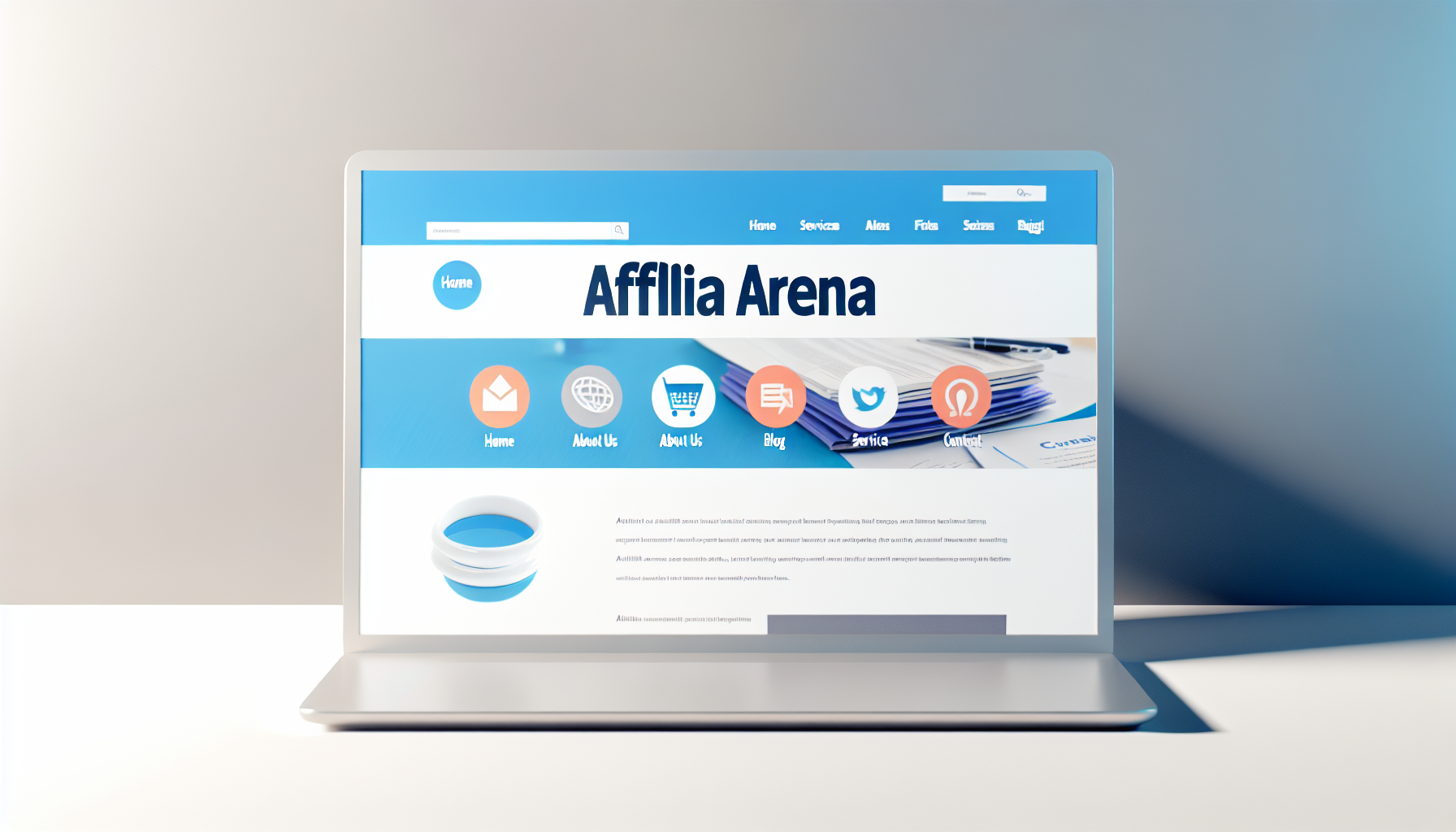 Eine Internetseite namens 'AffiliArena', gestaltet mit einer modernen Ästhetik. Das Farbschema verwendet verschiedene Blau- und Weißtöne. Oben auf dieser Webseite befindet sich eine übersichtlich organisierte Navigationsleiste für 'Startseite', 'Über uns', 'Dienstleistungen', 'Blog' und 'Kontakt'. Darunter präsentiert eine auffällige Überschrift die Seite als führende Quelle für Tipps und Informationen zum Affiliate-Marketing. Die Nutzer können eine ansprechende grafische Darstellung von Geschäfts- und Marketingsymbolen sehen, zusammen mit prägnanten, stichpunktartigen Informationen, die den Besuchern helfen, zu verstehen, was die Seite bietet. Weiter unten verlinken Social-Media-Icons zu verschiedenen Plattformen.