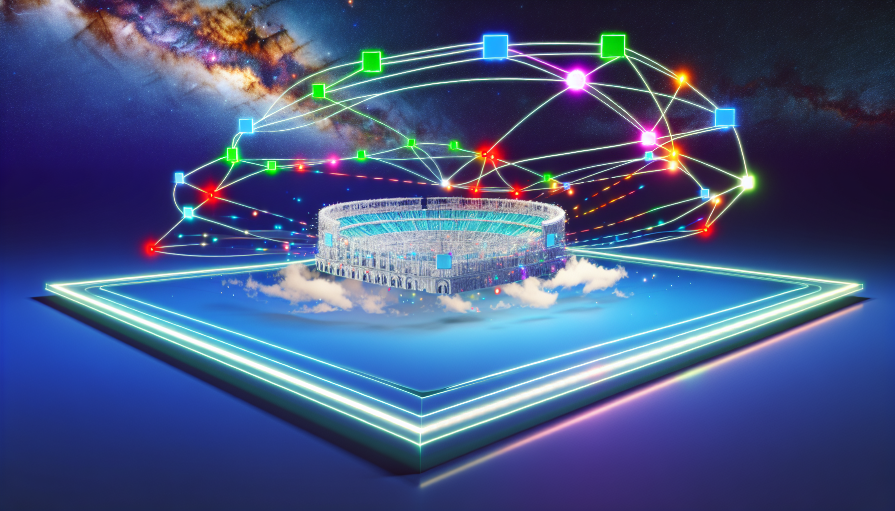 Stellen Sie sich eine abstrakte Visualisierung einer Online-Plattform vor. Die Plattform spezialisiert sich auf Affiliierungen und bildet eine virtuelle „Arena“ für die Nutzer. Lebendige Verbindungen werden durch mehrfarbige Linien dargestellt, die sich kreuzen und verschiedene Affiliierungen symbolisieren. Im Mittelpunkt der Szene steht eine große, digitale, 3D-Kolosseum-artige Struktur, die in schimmernden Silber- und Blautönen leuchtet und die „Arena“ repräsentiert. Der Hintergrund ist ein tiefes, digitales Universum, durchzogen von Sternen und Nebeln. Fügen Sie dem Bild einen subtilen Glanz hinzu, um die Lebendigkeit und Energie des Online-Raums zu suggerieren.