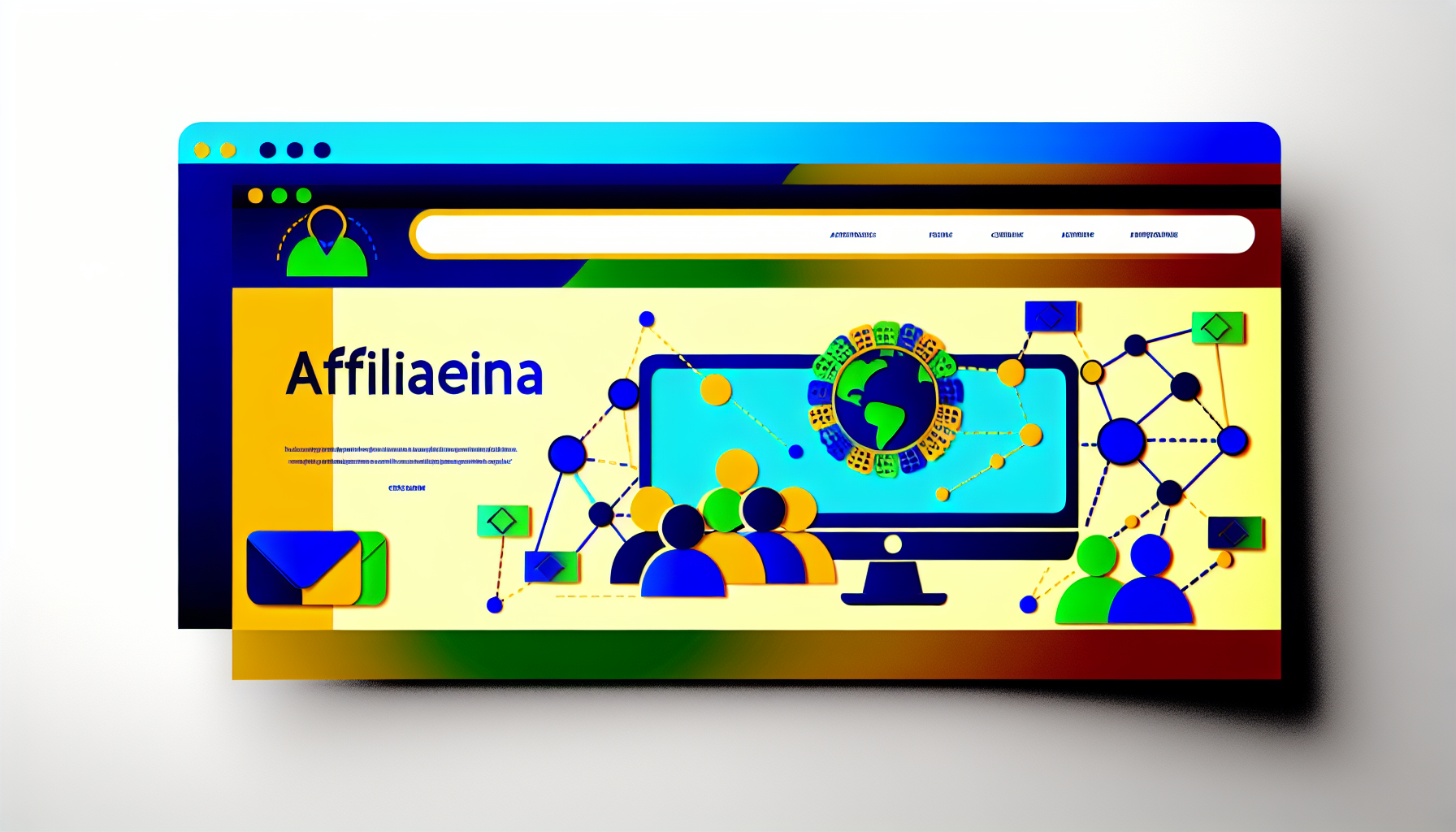 Erstellen Sie ein Bild eines hypothetischen Website-Banners für ein fiktives Unternehmen namens 'AffiliArena'. Integrieren Sie Elemente, die fruchtbare Partnerschaften, Networking und Online-Community symbolisieren. Stellen Sie stilisierte Symbole von Computern, Verbindungen, einer Weltkugel und Menschen dar, die zusammenarbeiten. Halten Sie die Farbpalette lebhaft und ansprechend für ein junges, technikaffines Publikum. Der Firmenname 'AffiliArena' sollte fett in der Mitte des Banners angezeigt werden.