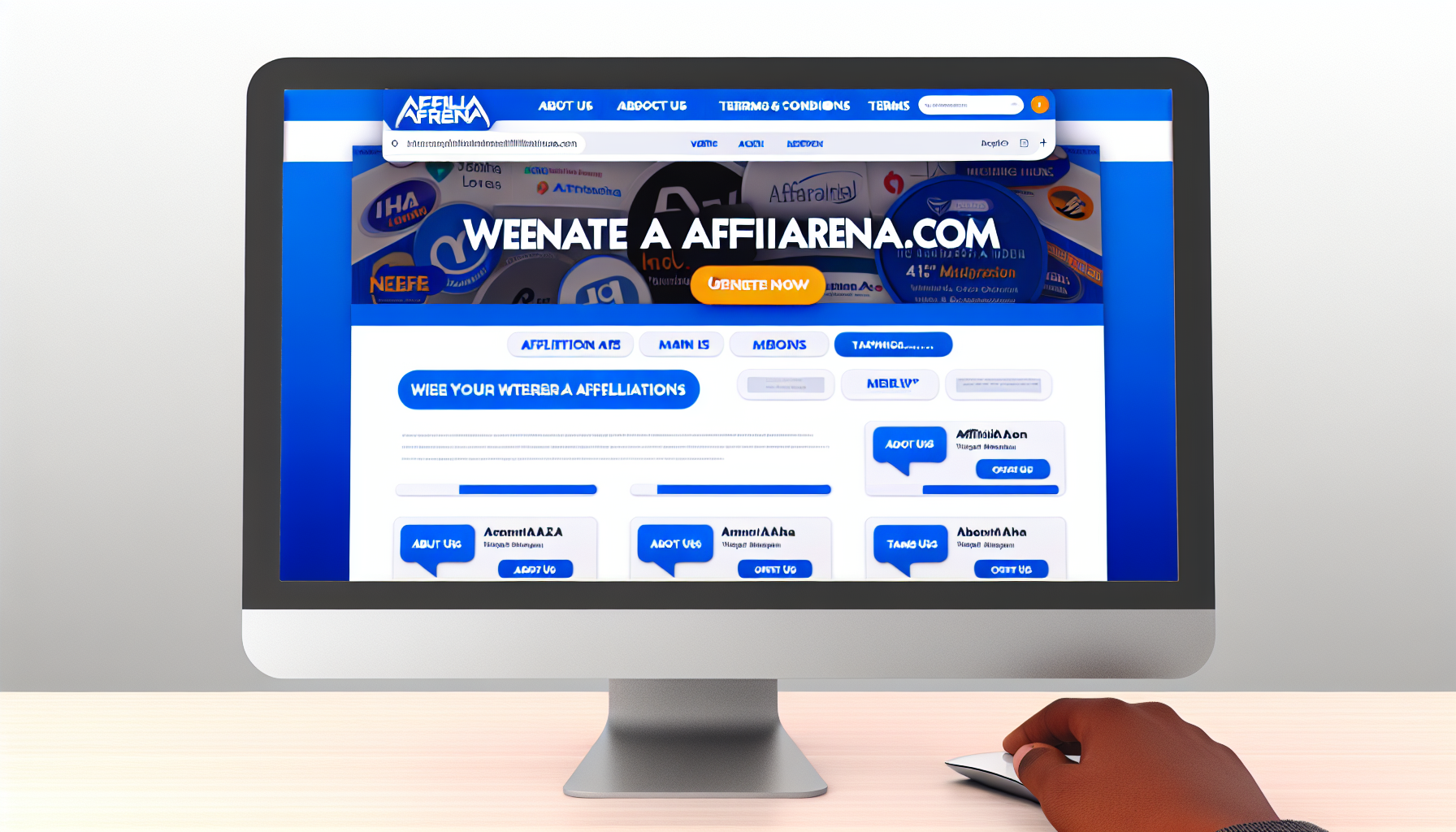 Erstellen Sie ein Bild einer hypothetischen Webseite affiliarena.com. Die Website hat ein modernes, sauberes Design. Die Hauptfarben sind Blau und Weiß. Das obere Banner zeigt den Namen der Webseite in einer stilvollen Schriftart. Der Hauptbereich zeigt verschiedene Kategorien von Affiliierungen mit Logos. Oben befindet sich eine Suchleiste für eine schnelle Navigation. Banner mit Rabattangeboten sind über die Seite verteilt. Der untere Abschnitt enthält Links zu den Seiten 'Über uns', 'Kontakt' und 'Allgemeine Geschäftsbedingungen'.