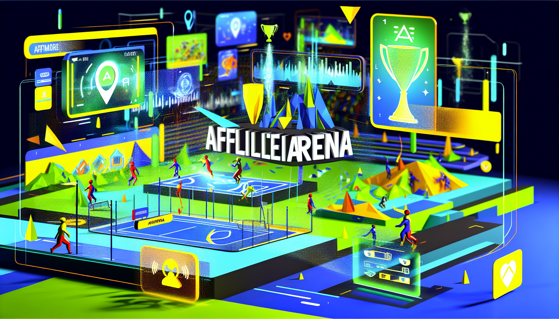 Illustration eines lebhaften digitalen Spielplatzes. Die Szene fängt einen immersiven Online-Raum ein, der verschiedene Elemente symbolisiert, die Wettbewerbsfähigkeit darstellen, wie animierte Bestenlisten, stilisierte Punktestände, virtuelle Trophäen und digitale Banner. Abstrakte Darstellungen von Wettbewerbern im virtuellen Raum, wie Avatare oder Icons, interagieren mit der Umgebung. Es sollten verschiedene Farbtöne von Blau, Grün und lebhaften Gelbtönen integriert werden, um eine lebendige, energetisierende Atmosphäre zu symbolisieren. Der Name 'AffiliArena' wird prominent in der Mitte des Bildes in fetter, stilisierter Schrift angezeigt.