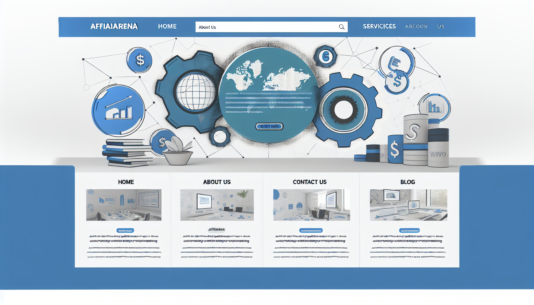 Eine Illustration einer eleganten, modernen Website namens 'AffiliArena'. In der Mitte befindet sich ein großes Grafikbanner, das verschiedene Aspekte des Affiliate-Marketings darstellt, wie Grafiken, globale Netzwerke, Dollarzeichen und ineinandergreifende Zahnräder. Das obere Menü umfasst Optionen wie 'Startseite', 'Über uns', 'Dienstleistungen', 'Kontakt' und 'Blog'. Das Farbschema der Website konzentriert sich auf Blau- und Weißtöne, was ihr eine ruhige und professionelle Ästhetik verleiht. Vorgestellte Inhalte beinhalten die neuesten Artikel über Affiliate-Marketing und Erfolgsgeschichten. Die Fußzeile enthält Informationen wie Kontaktdaten und Symbole für soziale Medien.