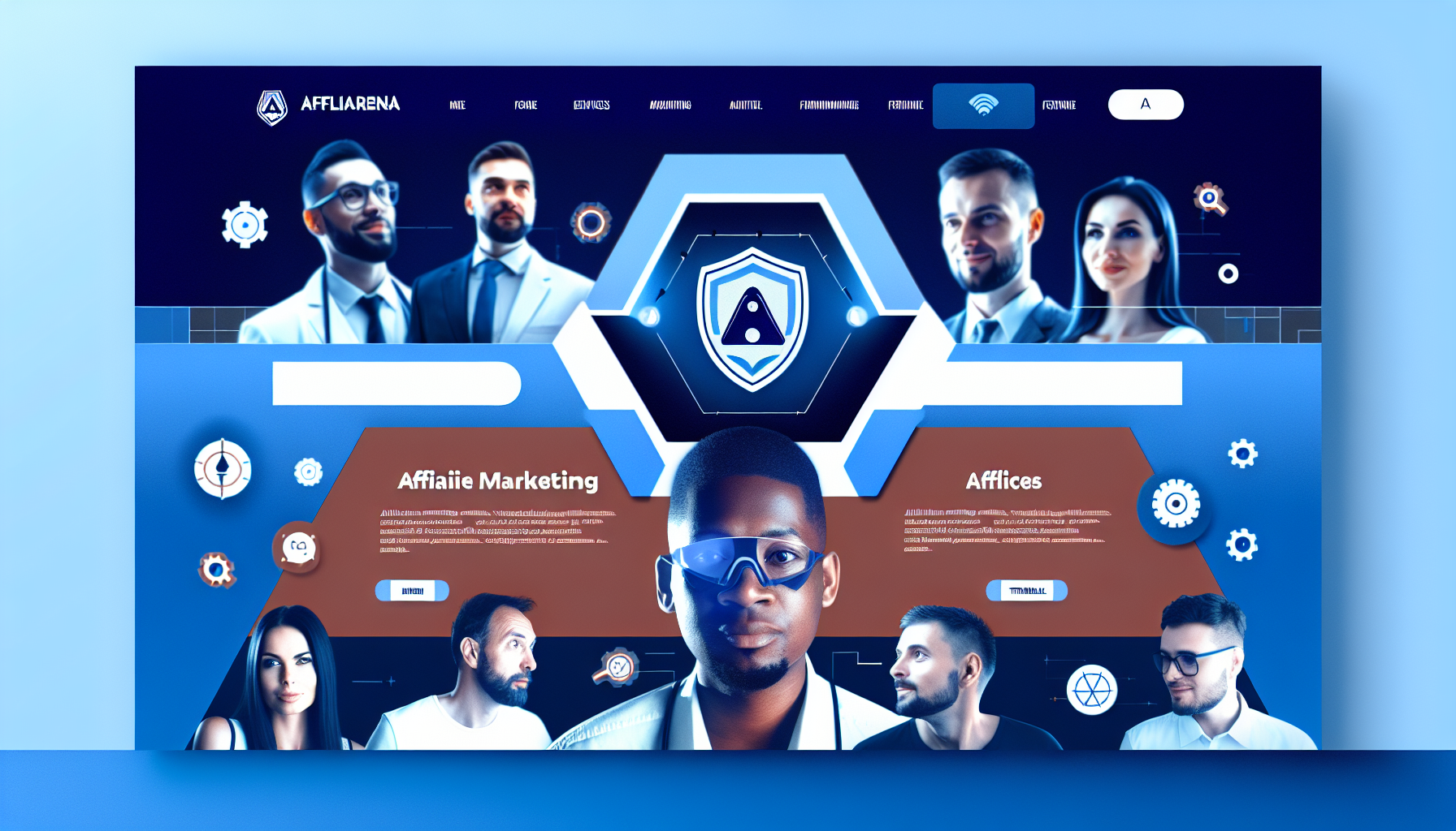 Visuelle Darstellung einer digitalen Website namens Affiliarena mit einem coolen, eleganten und professionellen Design. Die Startseite zeigt eine Vielzahl von Dienstleistungen im Zusammenhang mit Affiliate-Marketing. Sie präsentiert verschiedene Personen, die an digitalen Marketingaktivitäten teilnehmen, sowohl Männer als auch Frauen unterschiedlicher Ethnien wie Asiaten, Kaukasier und Hispanics. Das Farbschema der Website ist eine Mischung aus tiefen Blau- und Weißtönen, mit einigen orangefarbenen Akzenten. Das Logo der Website ist eine einzigartige Kombination aus einem kraftvollen Tier, wie einem Löwen, und einem Schild, das Sicherheit symbolisiert. Wichtige Elemente der Seite sind Navigationselemente, Infografikabschnitte, Testimonials und ein Footer mit Kontaktinformationen.