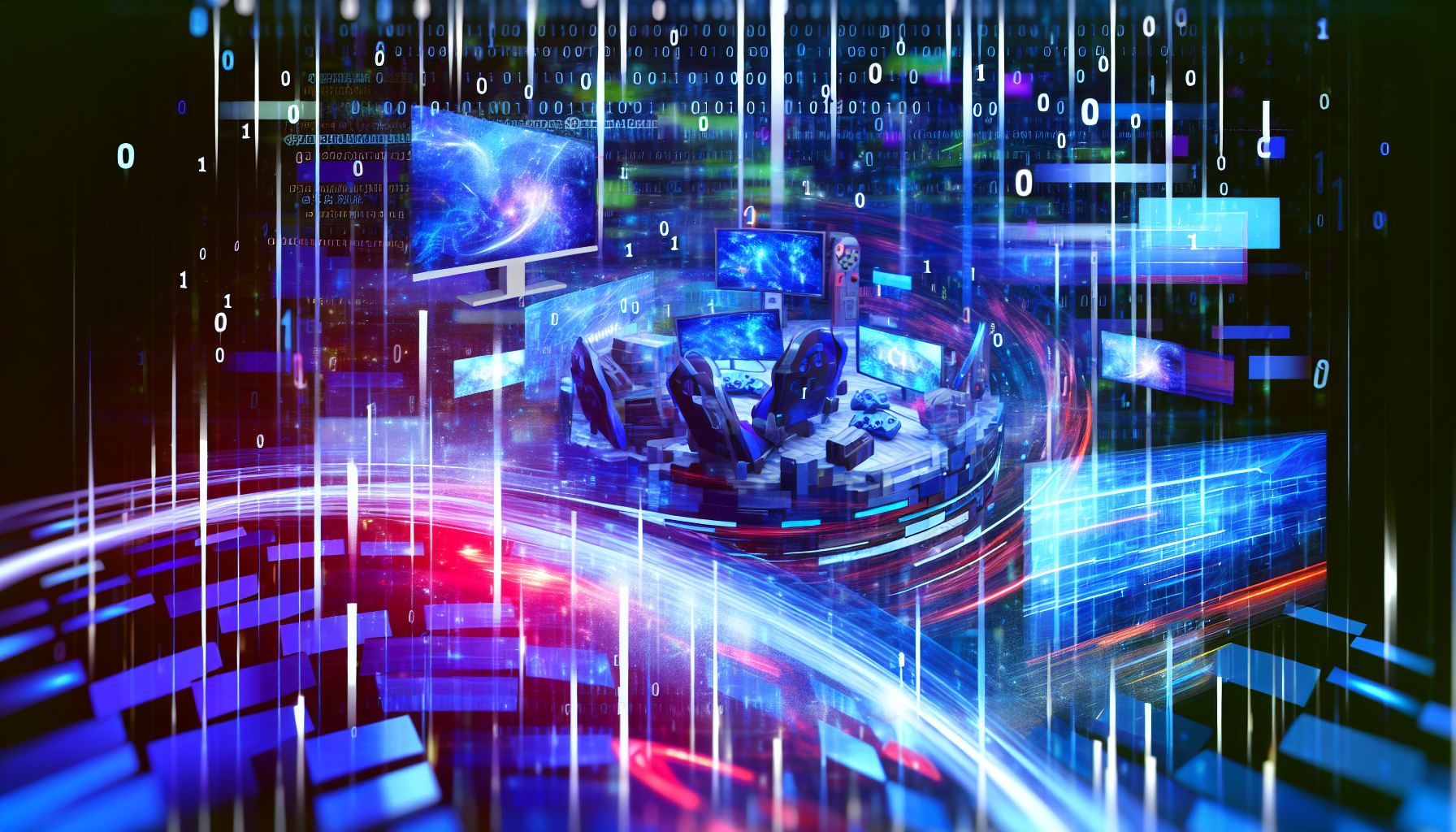 Erstelle ein künstlerisches Bild, das einen dynamischen, futuristischen digitalen Raum darstellt. Dieser Ort ist voller Energie und das Zentrum technologischer Fortschritte und E-Sports. Diese Online-Plattform verbindet die Konzepte von Wettbewerb und Zusammenarbeit; sie ist eine Synergie aus physischen und virtuellen Realitäten. Nahaufnahme besteht diese Plattform aus binären Zahlen, als wäre sie aus Code gebaut. Es gibt auch Elemente wie Spielcontroller, Computerbildschirme und Kopfhörer, die in die Struktur des digitalen Raums eingebettet sind. Das gesamte Farbschema ist eine Mischung aus lebhaften Blau- und Lilatönen, die das dynamische, futuristische Wesen dieser digitalen Arena symbolisieren.