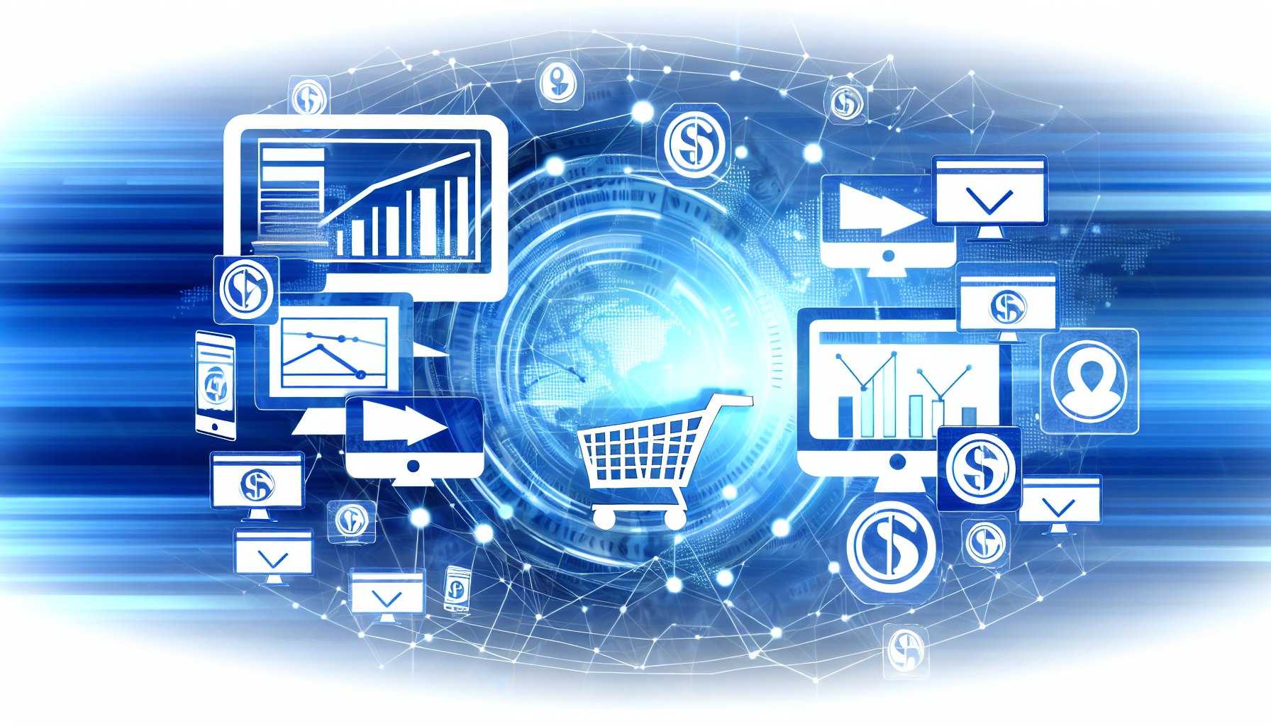 Stellen Sie sich ein abstraktes Konzept einer Online-Plattform namens 'AffiliArena' vor. Visualisieren Sie einen digitalen Raum, der mit verschiedenen Symbolen gefüllt ist, die E-Commerce, Affiliate-Marketing und Networking repräsentieren. Integrieren Sie Icons wie einen Einkaufswagen, Dollarzeichen, Computerbildschirme mit Diagrammen und Netzwerksymbole. Das Design der Plattform sollte Professionalität ausstrahlen und gleichzeitig futuristische Elemente enthalten. Verwenden Sie eine ausgewogene Farbpalette mit Blautönen und Weiß als dominierenden Farben.