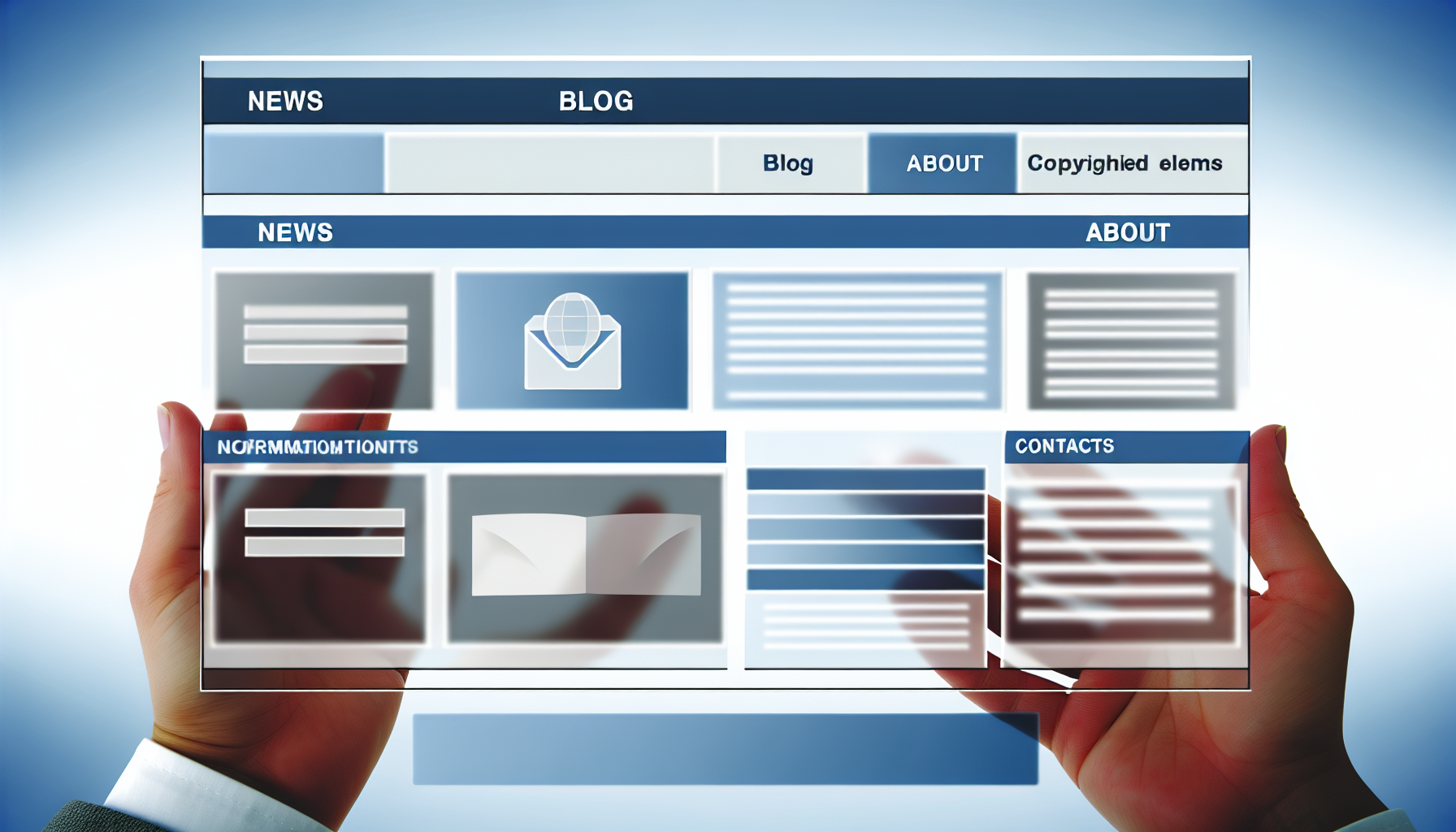 Erstellen Sie eine abstrakte Darstellung einer Webseite mit verschiedenen Informationsbereichen, wie Nachrichten, Blog, Über uns und Kontakte. Stellen Sie diese Abschnitte in unterschiedlichen und visuell markanten Kästchen dar, die ein organisiertes und harmonisches Layout bilden. Fügen Sie einige dezent gefärbte Bereiche hinzu, die dynamische Inhaltsbereiche simulieren. Verwenden Sie eine Farbpalette aus Blau-, Grau- und Weißtönen. Stellen Sie sicher, dass freundliche Symbole integriert sind, um jeden Informationsbereich zu symbolisieren.