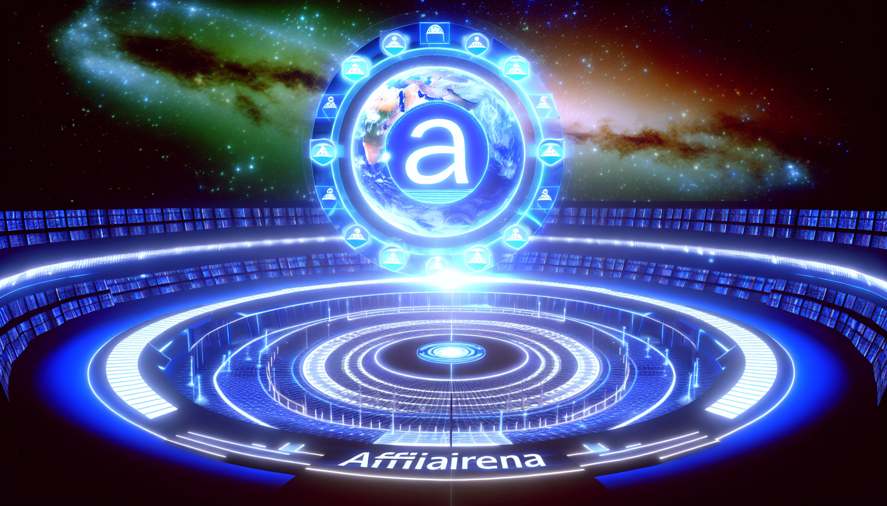 Erstellen Sie ein konzeptionelles Kunstwerk einer digitalen Arena, die eine Online-Plattform namens 'AffiliArena' repräsentiert. Die Arena ist ein grandioses, kreisförmiges Stadion mit futuristischem Design, gefüllt mit leuchtend blauen Lichtern und Neon-Effekten. In der Mitte befindet sich eine große Projektion eines sich drehenden Globus, der die globale Verbindung symbolisiert. Der Hintergrund ist mit Sternen und Galaxien gefüllt, ähnlich einem Nachthimmel, der die Weite des Internetraums symbolisiert. Dies ist ein virtueller Raum, in dem Affiliierungen als Teilnehmer in der Arena dargestellt werden.