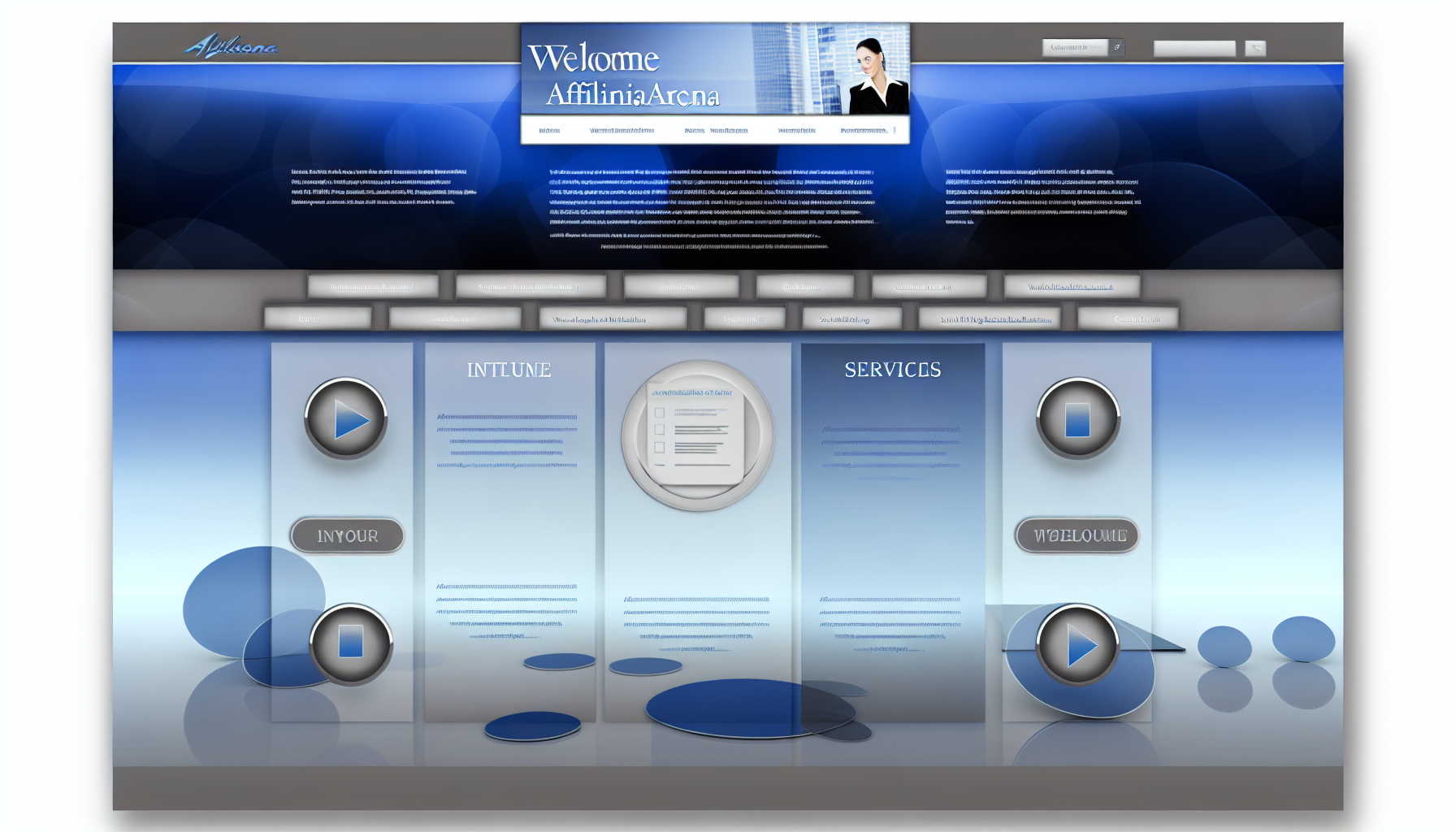 Ein digitales Bild einer Website, affiliarena.com, in modernem Design. Der Hintergrund der Website ist eine Kombination aus kühlen Blau- und Grautönen, die einen professionellen und anspruchsvollen Eindruck vermittelt. Oben befindet sich ein großes einladendes Banner, das kunstvoll in den Hintergrund integriert ist. Darunter gibt es verschiedene Abschnitte, die das Unternehmen vorstellen, Dienstleistungen präsentieren, Testimonials teilen und Kontaktinformationen anbieten. Jeder Abschnitt hat ein prägnantes, sauberes Layout mit guter Lesbarkeit. Interaktive Schaltflächen mit einem eleganten Design sind strategisch über die Seite verteilt und ermutigen die Besucher, die Website zu erkunden. Der Gesamteindruck der Seite ist der eines innovativen, detailorientierten Professionalismus.