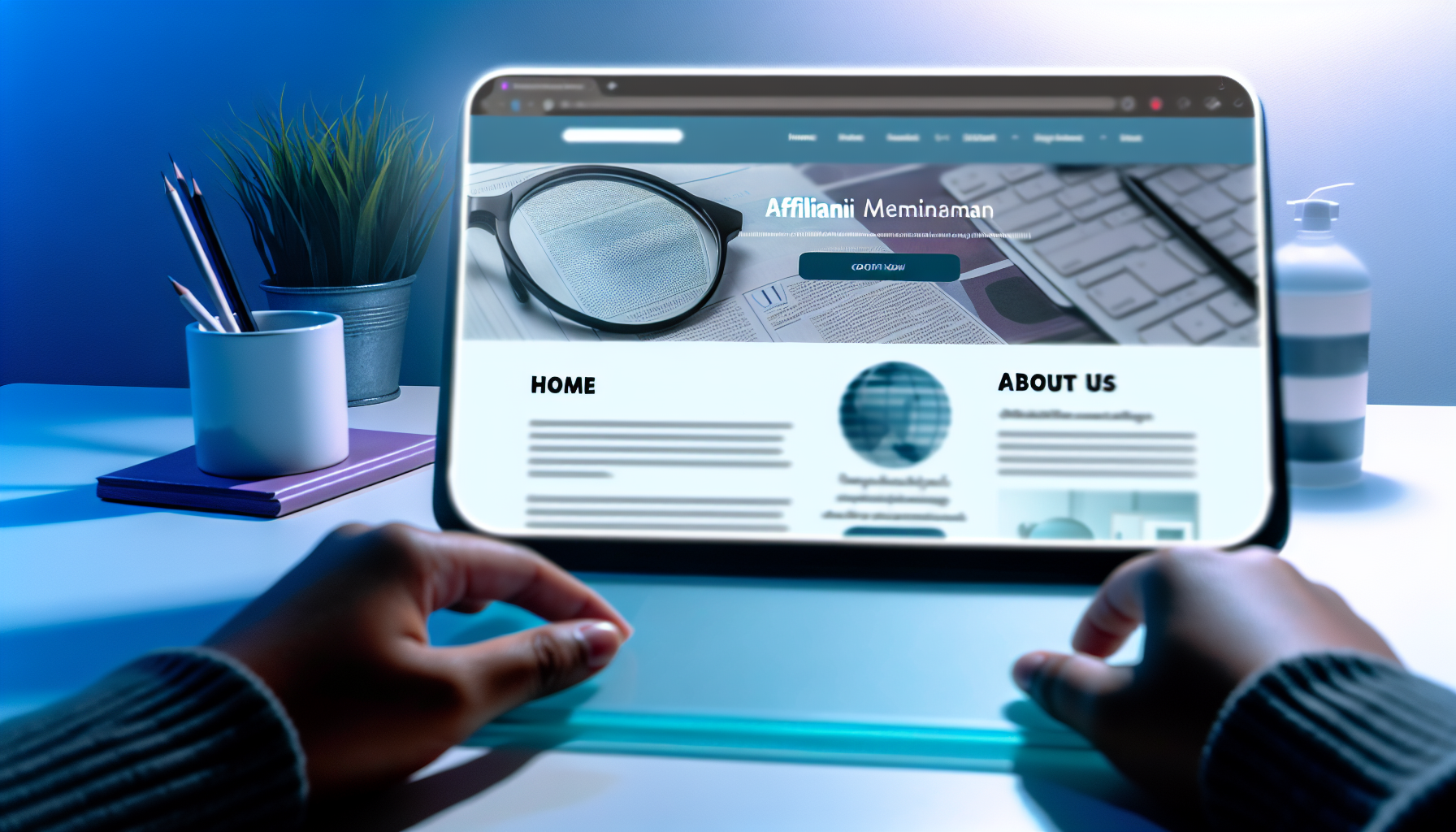 Erstellen Sie ein Bild eines Website-Homepage-Designs mit einem modernen und klaren Look, das eine Online-Plattform präsentiert. Der Kopfbereich enthält den Website-Namen 'Affiliarena' in stilvoller Schrift. Direkt unter dem Kopfbereich befindet sich eine Navigationsleiste mit Optionen wie 'Startseite', 'Über uns', 'Dienstleistungen' und 'Kontakt'. Der Hauptteil der Webseite enthält ansprechende visuelle Elemente mit kurzen Beschreibungen der von der Plattform angebotenen Dienstleistungen, die sich auf Themen des Online-Marketings konzentrieren. Die verwendeten Farben sind kühle Blautöne und Grautöne mit einem weißen Hintergrund für ein professionelles Erscheinungsbild. Bitte fügen Sie keine spezifischen persönlichen Daten auf der Seite ein.