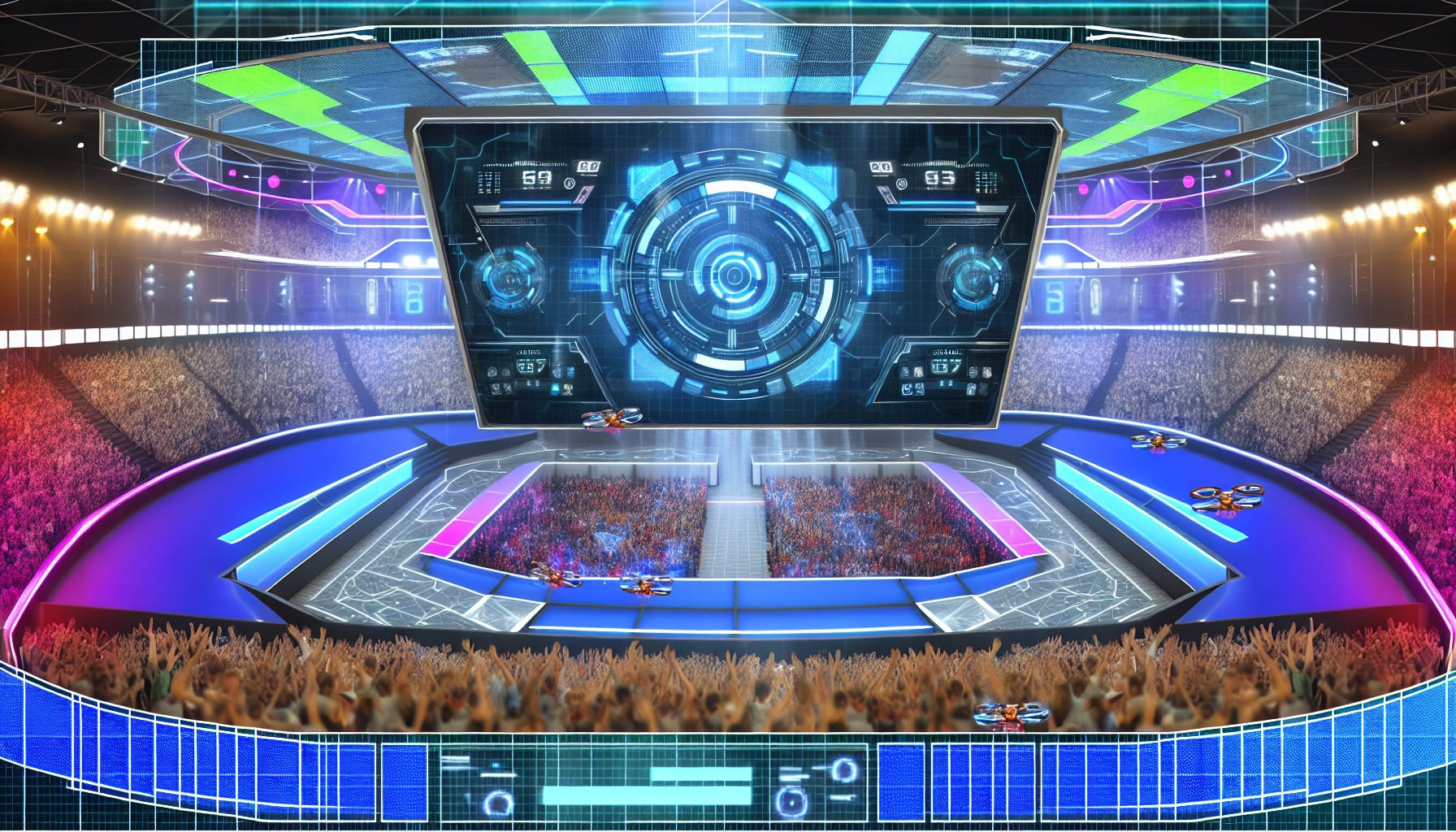 Erstellen Sie ein Bild einer modernen, digital gestalteten Arena. Im Vordergrund sollte ein lebhaftes Publikum zu sehen sein, das jubelt und winkt, während im Hintergrund ein riesiger Bildschirm das Punktestand eines laufenden E-Sport-Spiels anzeigt. Die Arena ist mit hellen Neonlichtern gefüllt, die bunte Reflexionen auf den transparenten, futuristischen digitalen Schnittstellen rundherum werfen. Kleine Drohnen schweben über der Menge und fangen die aufregende Atmosphäre ein.