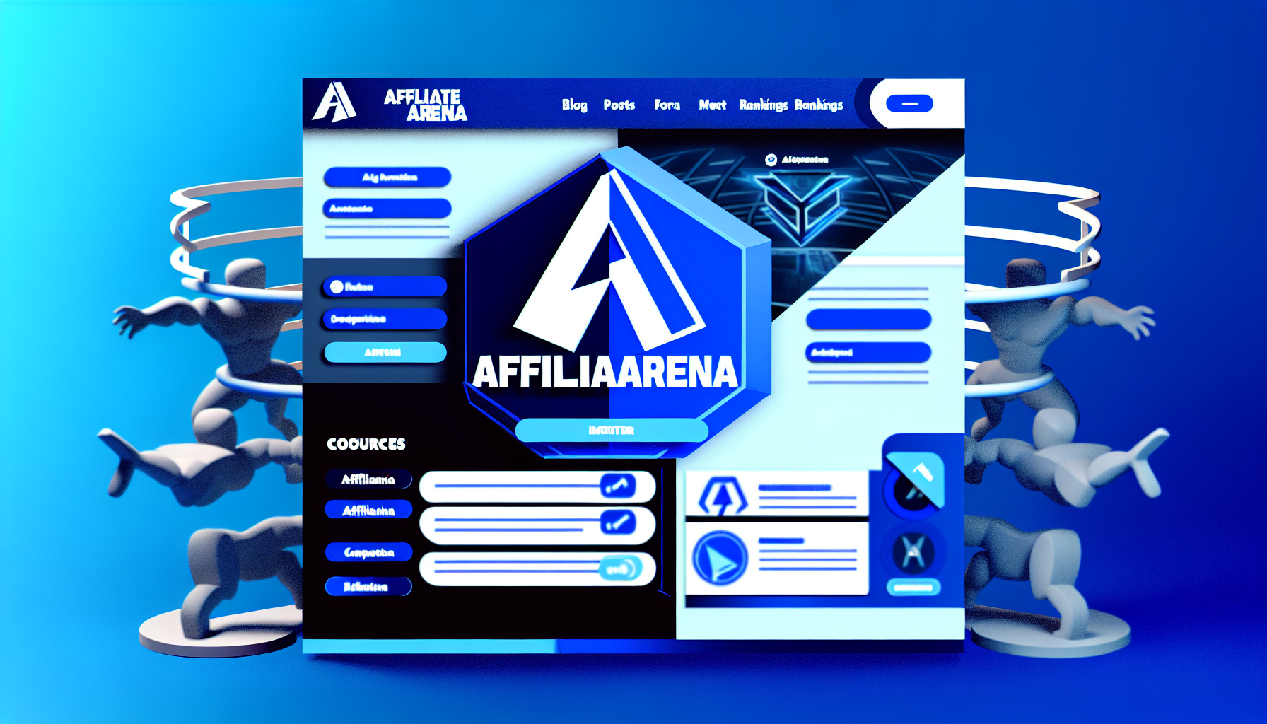 Erstellen Sie ein Bild einer modernen und dynamischen Website, möglicherweise mit dem Namen 'Affiliarena'. Das Design sollte Elemente des Affiliate-Marketings und des Wettbewerbs integrieren und eine digitale Arena symbolisieren, in der Marketing auf Wettkampf trifft. Die Farbpalette umfasst dominante Blau- und Weißtöne. Einige Funktionen, die die Seite bietet, sind deutlich sichtbar: Abschnitte für Blogbeiträge, Ressourcen, Foren und Ranglisten. Denken Sie an eine benutzerfreundliche Oberfläche mit einfacher Navigation. Das Logo könnte ein stilisiertes A sein, kombiniert mit Formen, die eine virtuelle Kampfzone oder gladiatorische Spiele andeuten.