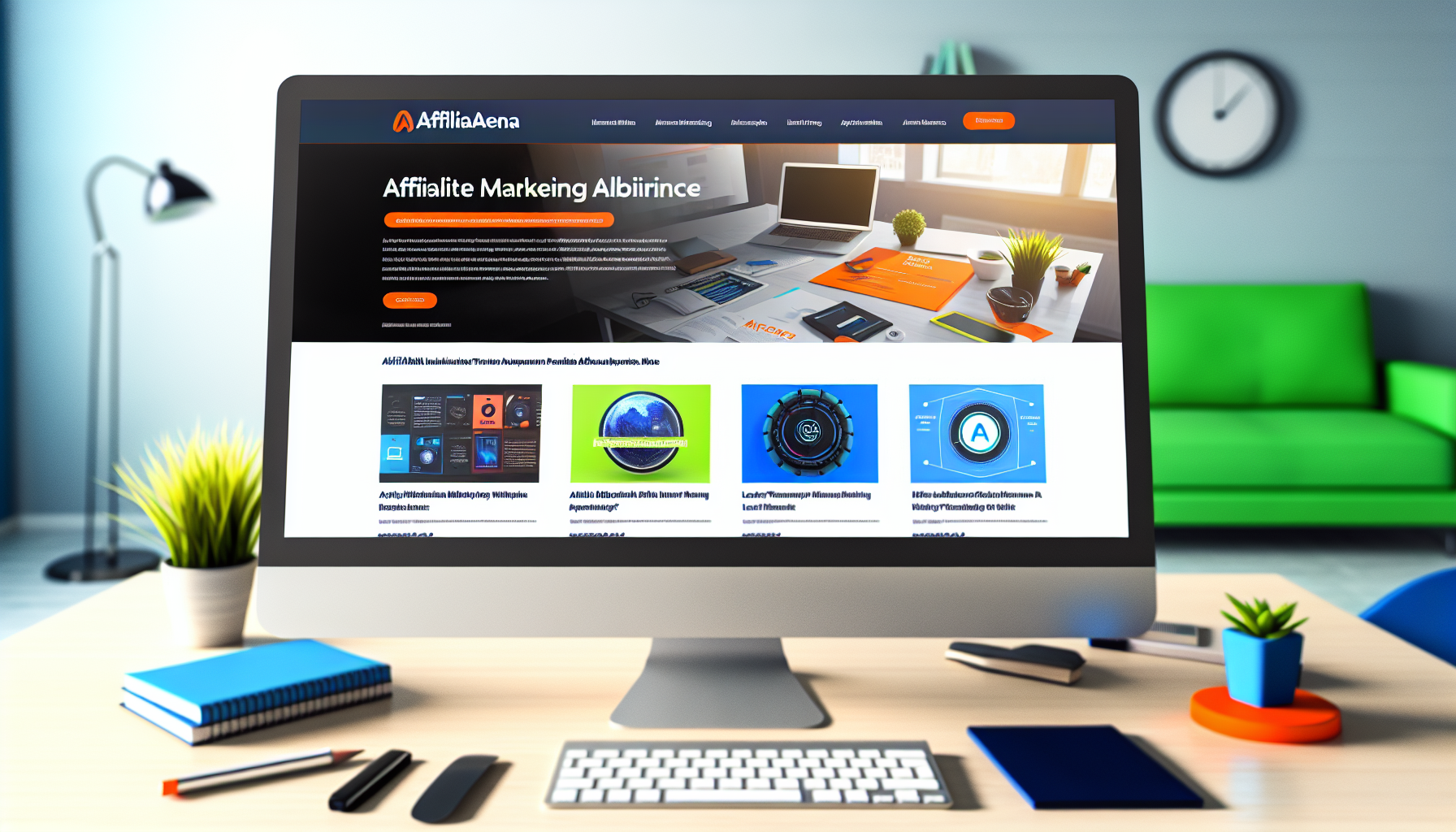Erstellen Sie ein Bild einer visuell ansprechenden Website-Startseite. Die Website heißt Affiliarena. Sie verfügt über moderne Designelemente und gut organisierte Abschnitte zu verschiedenen Themen wie Affiliate-Marketing, neuesten Technologie-Updates und E-Commerce-Trends. Sie hat ein helles Farbschema, eine schlanke und benutzerfreundliche Oberfläche sowie hochwertige Bilder. Das Layout ist einfach, aber effektiv, mit einer Hauptnavigationsleiste oben und auffälligen CTA-Buttons. Es strahlt Professionalität und Vertrauenswürdigkeit aus und zielt darauf ab, das Publikum anzusprechen, das sich für die Nische des Affiliate-Marketings und E-Commerce interessiert.