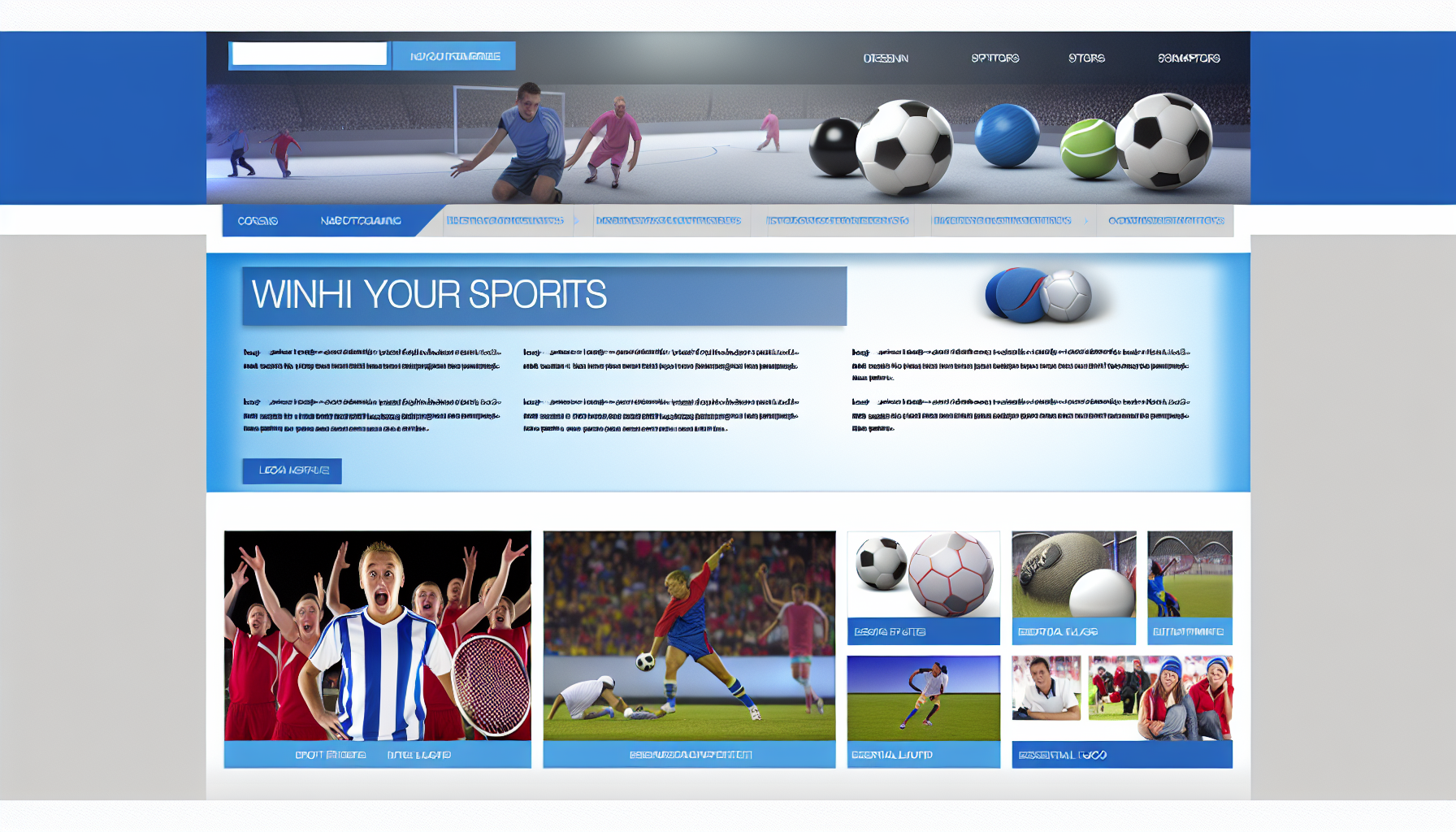 Stellen Sie sich ein zeitgemäßes Website-Layout mit einem sportlichen und wettbewerbsorientierten Thema vor. Das Design hat ein dominierendes Farbschema aus Blau- und Weißtönen und bietet eine elegante Benutzeroberfläche. Die Navigationsleiste befindet sich oben und enthält passende Sportikonen. nDas Hauptmerkmal ist ein großes, dynamisches Banner, das Einblicke in verschiedene Sportarten in Aktion zeigt. Darunter befinden sich Rasterabschnitte, die verschiedenen Spielen gewidmet sind, wobei jedes Spiel durch ansprechende Bilder und kurze Beschreibungen repräsentiert wird. nAm unteren Ende der Seite finden sich wichtige Links und ein minimalistischer Footer.