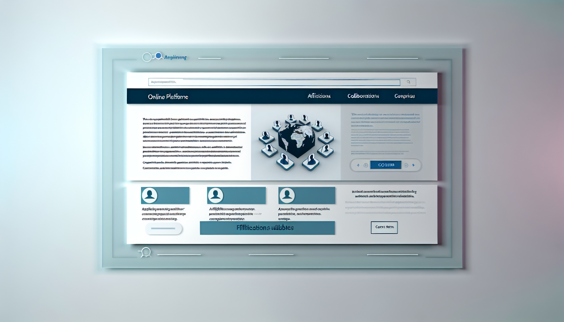 Erstellen Sie ein Bild einer konzeptionellen Webseite, die eine Online-Plattform präsentiert. Die Plattform ermöglicht Affiliierungen und Kooperationen in einem wettbewerbsorientierten Umfeld. Das Webdesign sollte schlank, modern und professionell sein, mit interaktiven Elementen. Die Farbpalette sollte aus verschiedenen Blautönen und Weiß bestehen. Fügen Sie verschiedene Abschnitte auf der Seite hinzu, wie einen Abschnitt für aktuelle Updates, einen Abschnitt, der die Vorteile der Plattform bewirbt, und ein Kontaktformular.