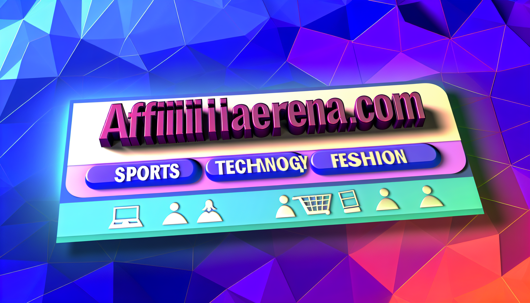 Eine Interpretation des Domainnamens 'affiliarena.com', die eine digitale Schnittstelle einer Online-Plattform zeigt, auf der der Name in auffälligen 3D-Buchstaben dargestellt ist. Es gibt verschiedene Kategorien, die unterschiedliche Interessensbereiche wie Sport, Technologie, Mode und Reisen demonstrieren und als klickbare Elemente erscheinen. Der Hintergrund enthält ein niedrig-poly geometrisches Design mit einem lebhaften Farbverlauf von Blau zu Lila.