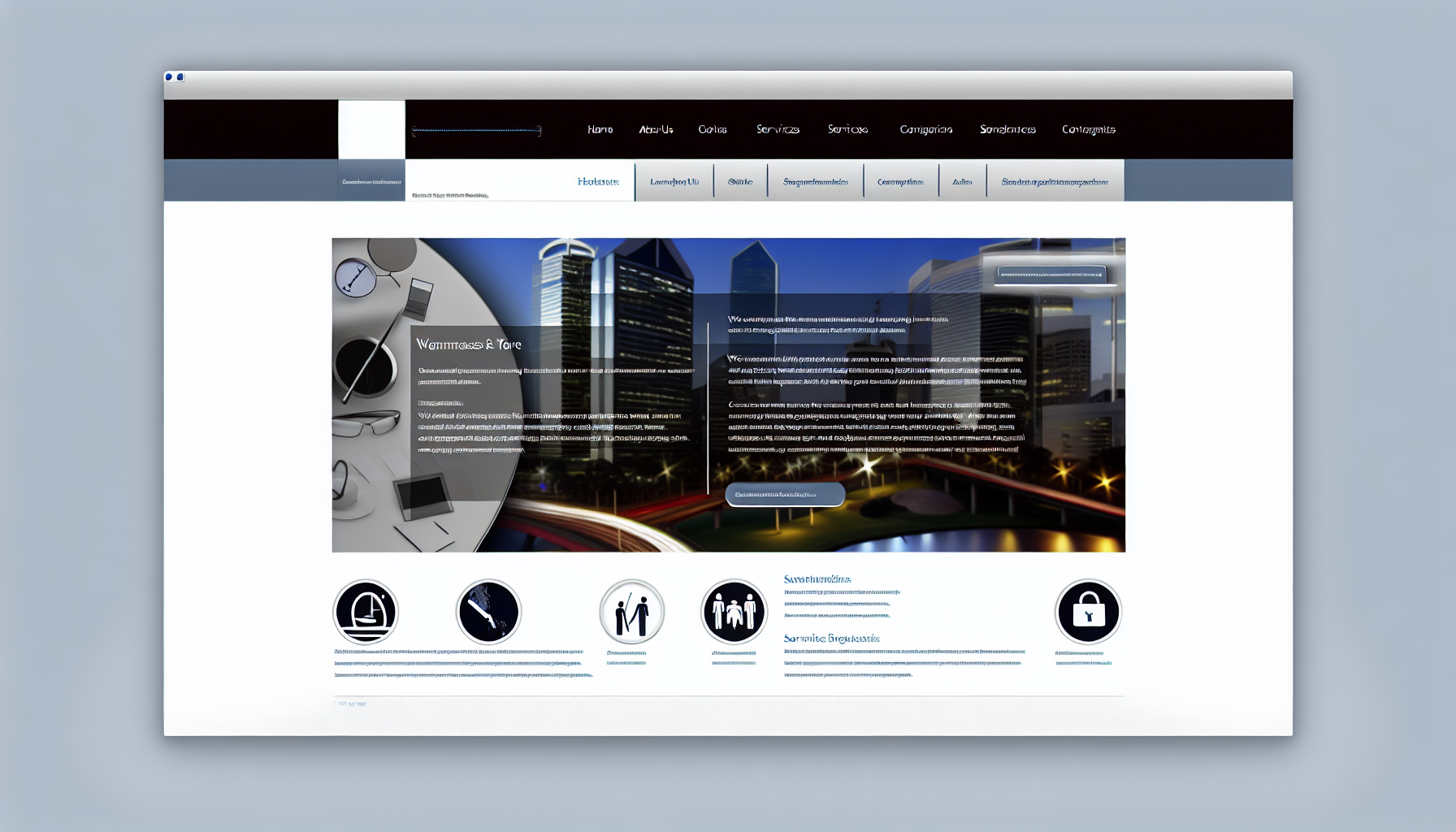 Ein Bild einer Website, die ein professionelles und elegantes Design aufweist. Die dominierenden Farben sind Weiß und Dunkelblau, was einen klaren Kontrast für eine einfache Lesbarkeit gewährleistet. Die Startseite verfügt über ein Navigationspanel am oberen Rand, mit Dropdown-Menüs für Kategorien wie 'Startseite', 'Über uns', 'Dienstleistungen' und 'Kontakt'. Es gibt ein großes Header-Bild mit ansprechenden Grafiken, die auf verschiedene professionelle Sektoren hinweisen. Unter dem Header befindet sich ein Abschnitt mit kurzen Beschreibungen der angebotenen Dienstleistungen, unterstützt durch relevante Icons. Der untere Teil der Webseite zeigt einen sauber gestalteten Footer mit wichtigen Links und Kontaktdaten.