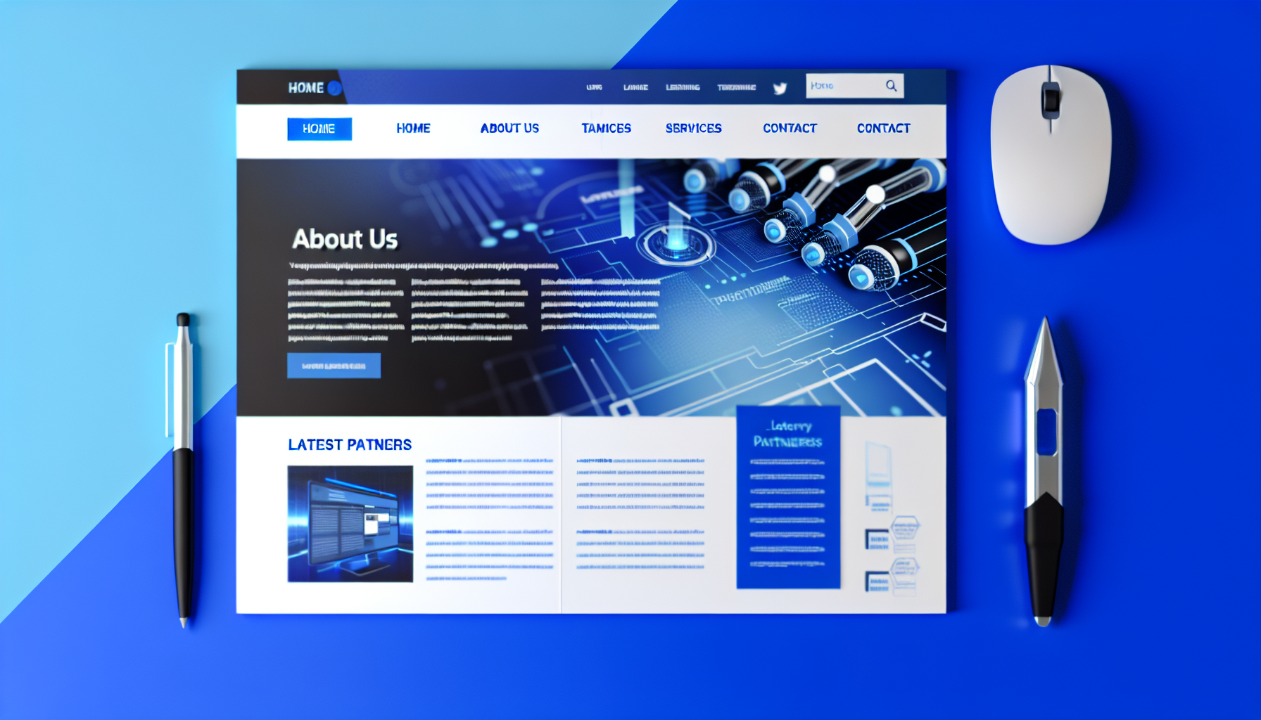 Erstellen Sie ein Bild eines futuristischen, technologieinspirierten Website-Layouts mit fetter Typografie. Die dominierenden Farben sollten verschiedene Blau- und Weißtöne sein. Das Layout umfasst einen auffälligen Header mit einem minimalistischen Logo oben links. Die Menüleiste enthält verschiedene Tabs wie Startseite, Über uns, Dienstleistungen, Kontakt. Der Hauptteil der Website beinhaltet hochwertige Bilder, die mit Technologie und Innovation in Verbindung stehen. Ein Abschnitt ist den neuesten Artikeln und Updates gewidmet. Am unteren Ende der Website gibt es Platz für vorgestellte Partner sowie einen Footer mit Kontaktinformationen und Schaltflächen für soziale Medien.