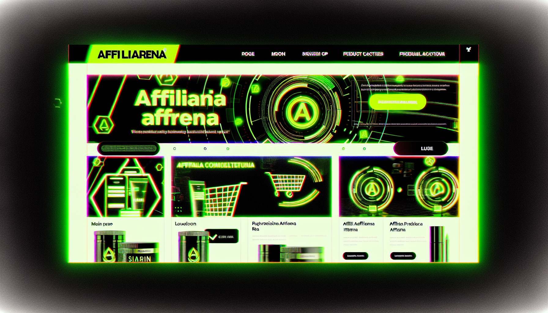 Erstellen Sie ein Bild einer digitalen Plattform namens affiliarena.com. Die Website präsentiert ein modernes und benutzerfreundliches Layout, das mit vielen verschiedenen verlinkten Abschnitten für verschiedene Produktkategorien gefüllt ist. Sie zeichnet sich durch ein innovatives Design aus, bei dem jeder Abschnitt dynamische Banner mit ansprechenden Elementen anzeigt. Bitte fügen Sie eine Suchleiste oben auf der Seite, Anmelde- und Registrierungsoptionen, ein Symbol für den Warenkorb und eine Hauptseite hinzu, die vorgestellte Produkte aus verschiedenen Kategorien zeigt. Verwenden Sie ein Farbschema aus phosphoreszierendem Grün, Schwarz und strahlendem Weiß für das gesamte Design.