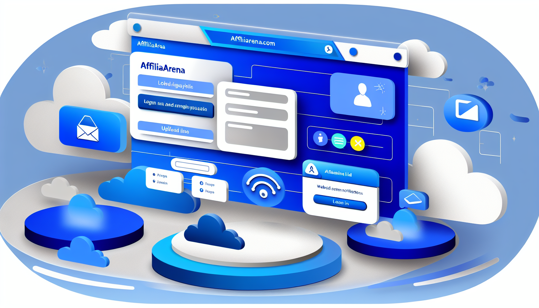 Eine Illustration einer dynamischen Online-Plattform namens 'affiliarena.com'. Auf der Plattform sind verschiedene interaktive Widgets dargestellt, wie z.B. das Einloggen, das Hochladen von Dateien, das Überprüfen von Benachrichtigungen usw. Das Farbschema der Website besteht überwiegend aus Blau- und Weißtönen mit eleganten Formen und lebhaften Icons. Das Gesamtdesign der Seite ist modern und klar, wobei die Benutzerfreundlichkeit und das Nutzererlebnis im Vordergrund stehen.