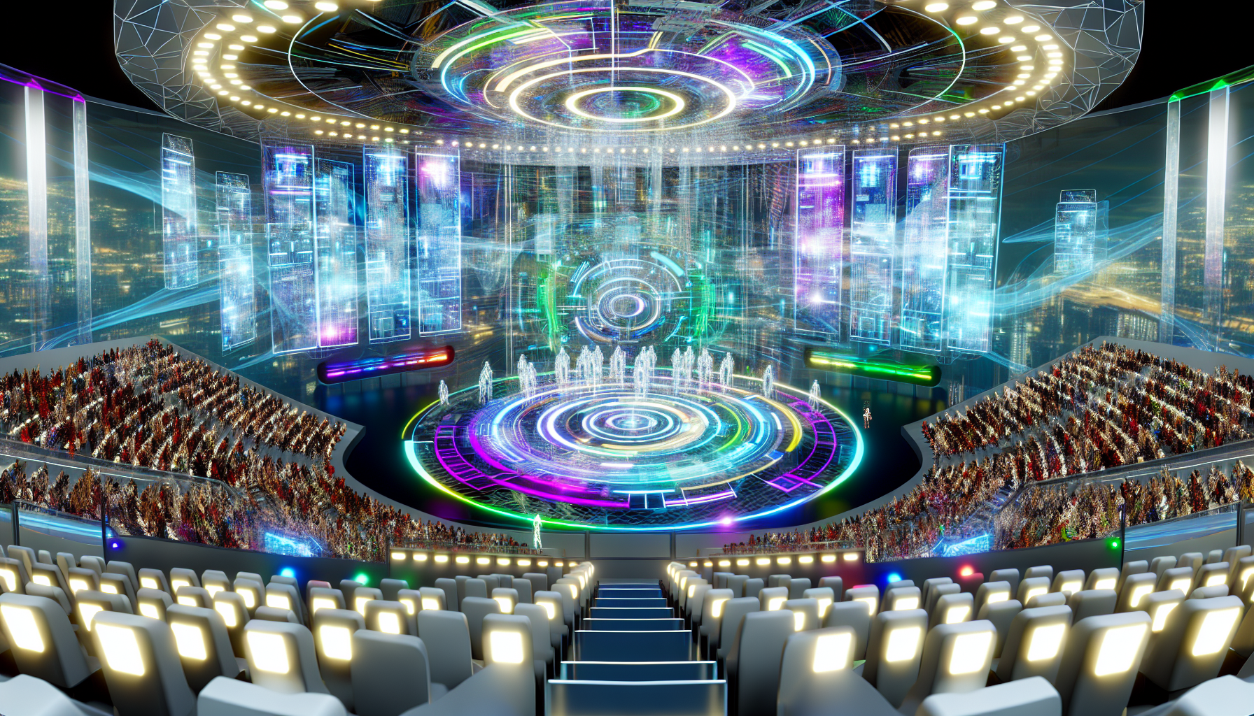 Erstelle ein Bild einer futuristischen digitalen Arena. Das Design sollte komplex sein, gefüllt mit leuchtenden Neonlichtern in verschiedenen Farben, transparenten holografischen Bildschirmen, die verschiedene Daten anzeigen, und hochmodernen Gadgets, die in die Architektur integriert sind. Die Sitze sind in konzentrischen Kreisen um das Zentrum angeordnet, wo die Hauptaktion stattfindet. Die Arena ist belebt mit animierten Zuschauern, die alle unterschiedlichen Rassen, Altersgruppen und Geschlechter angehören. Die Atmosphäre ist elektrisierend, mit einem Hintergrundrauschen von Vorfreude und Aufregung. Beachte, dass dies nicht das Design einer bestimmten bestehenden Website widerspiegeln, sondern eine originelle Kreation sein sollte.