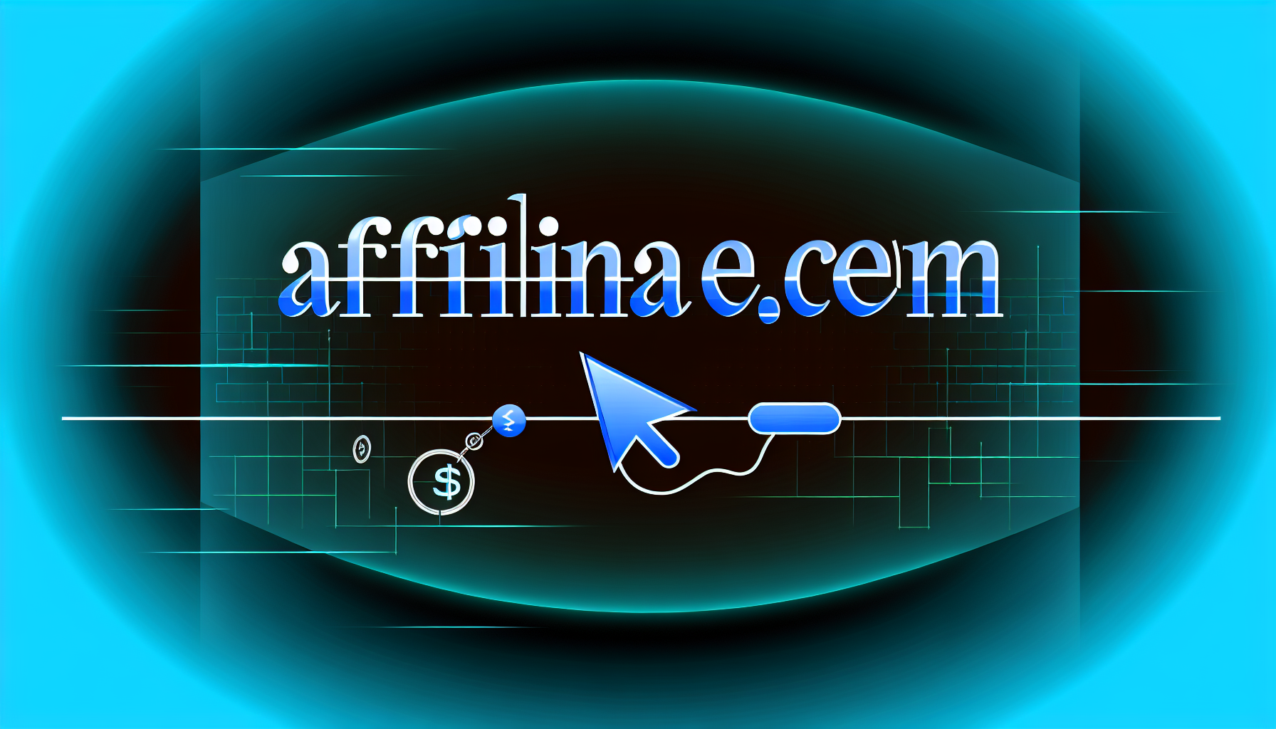 Eine illustrative Darstellung eines Domainnamens, affiliarena.com. Die Endung .com sollte mit dem Ende von 'affiliarena' verbunden erscheinen. 'Affiliarena' sollte mit stilvoller und moderner Typografie gestaltet sein. Der Hintergrund sollte einen Verlauf von Dunkelblau zu Hellblau aufweisen, der die digitale Welt symbolisiert. Bitte fügen Sie abstrakte Elemente hinzu, die mit Affiliate-Marketing in Verbindung stehen, wie den Mauszeiger, Links und Geldsymbole, auf ästhetische Weise.