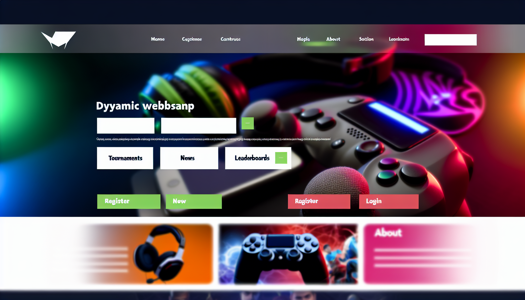 Erstellen Sie ein Bild einer dynamischen Website-Startseite. Zeigen Sie ein sauberes, modernes Layout mit einer Navigationsleiste oben, die Registerkarten für verschiedene Kategorien enthält: Turniere, Bestenlisten, Nachrichten und Über uns. In der Mitte stellen Sie einen bildlichen Teaser eines laufenden Gaming-Turniers dar, der ikonische Gaming-Elemente wie Controller, Headsets und Tastaturen verwendet. Fügen Sie auch einen Registrierungs- und Anmelde-Button hinzu. Denken Sie daran, eine ausgewogene Verwendung von lebendigen und gedämpften Farben für Lesbarkeit und visuelle Anziehungskraft beizubehalten.