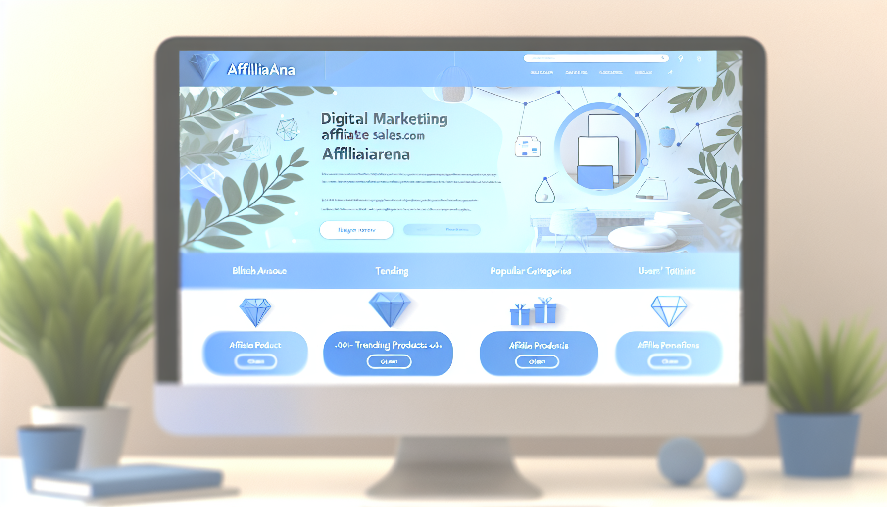 Erstellen Sie ein elegantes Bild einer fiktiven Website namens 'affiliarena.com'. Die Komposition sollte das Konzept des digitalen Marketings, Affiliate-Verkäufe und eine E-Commerce-Plattform integrieren. Gestalten Sie es mit einem modernen, schlanken Design, das eine helle und interaktive Benutzeroberfläche zeigt. Die Landingpage besteht aus Abschnitten wie trendigen Produkten, beliebten Kategorien und Nutzerbewertungen. Bitte halten Sie sich an ein Farbschema aus beruhigenden Blau- und Weißtönen.