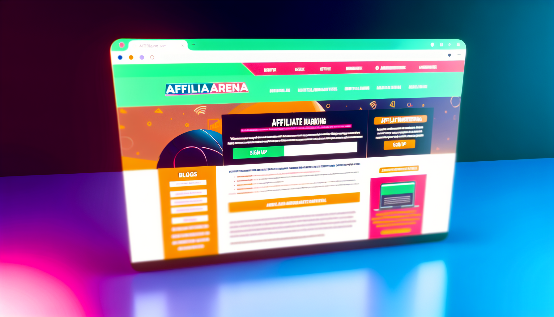 Ein Bild einer digitalen Webseite mit dem Titel 'AffiliArena.com'. Die Landingpage hat mehrere Abschnitte, die Blogs über Affiliate-Marketing, einen Anmeldebereich und Kontaktinformationen enthalten. Das Farbschema der Webseite ist lebhaft und aufregend und strahlt Professionalität aus. Das Layout der Webseite ist benutzerfreundlich mit einfacher Navigation zu verschiedenen Teilen der Website. Im Fußbereich der Webseite befinden sich Copyright-Informationen und Links zu sozialen Medien.