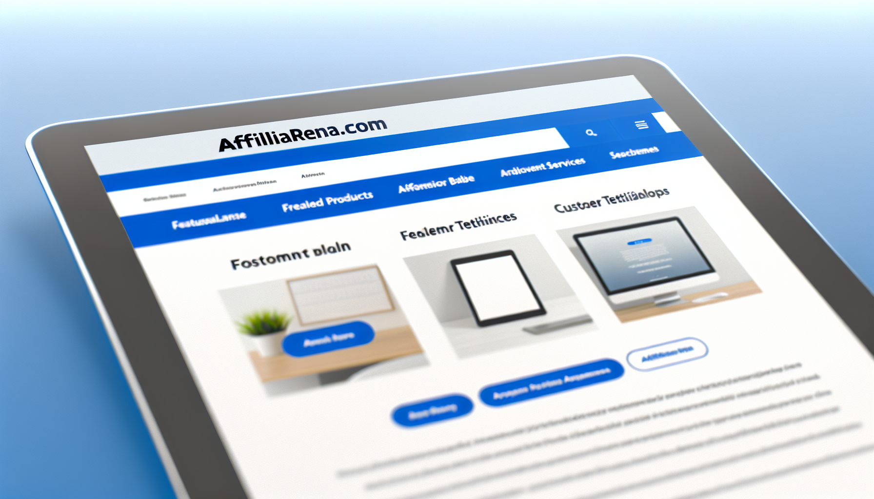 Ein Internetseitenlayout mit fettgedrucktem Text im Header, der "Affiliarena.com" anzeigt. Die Website hat ein modernes und benutzerfreundliches Design und zeigt Merkmale eines digitalen Marktplatzes. Sie enthält Elemente wie eine klare Navigationsleiste, eine Suchleiste, hervorgehobene Produkt- oder Dienstleistungsabschnitte mit ansprechenden Thumbnails, Kundenbewertungen und einen informativen Footer mit mehreren Links. Das Farbschema ist hauptsächlich blau und weiß.