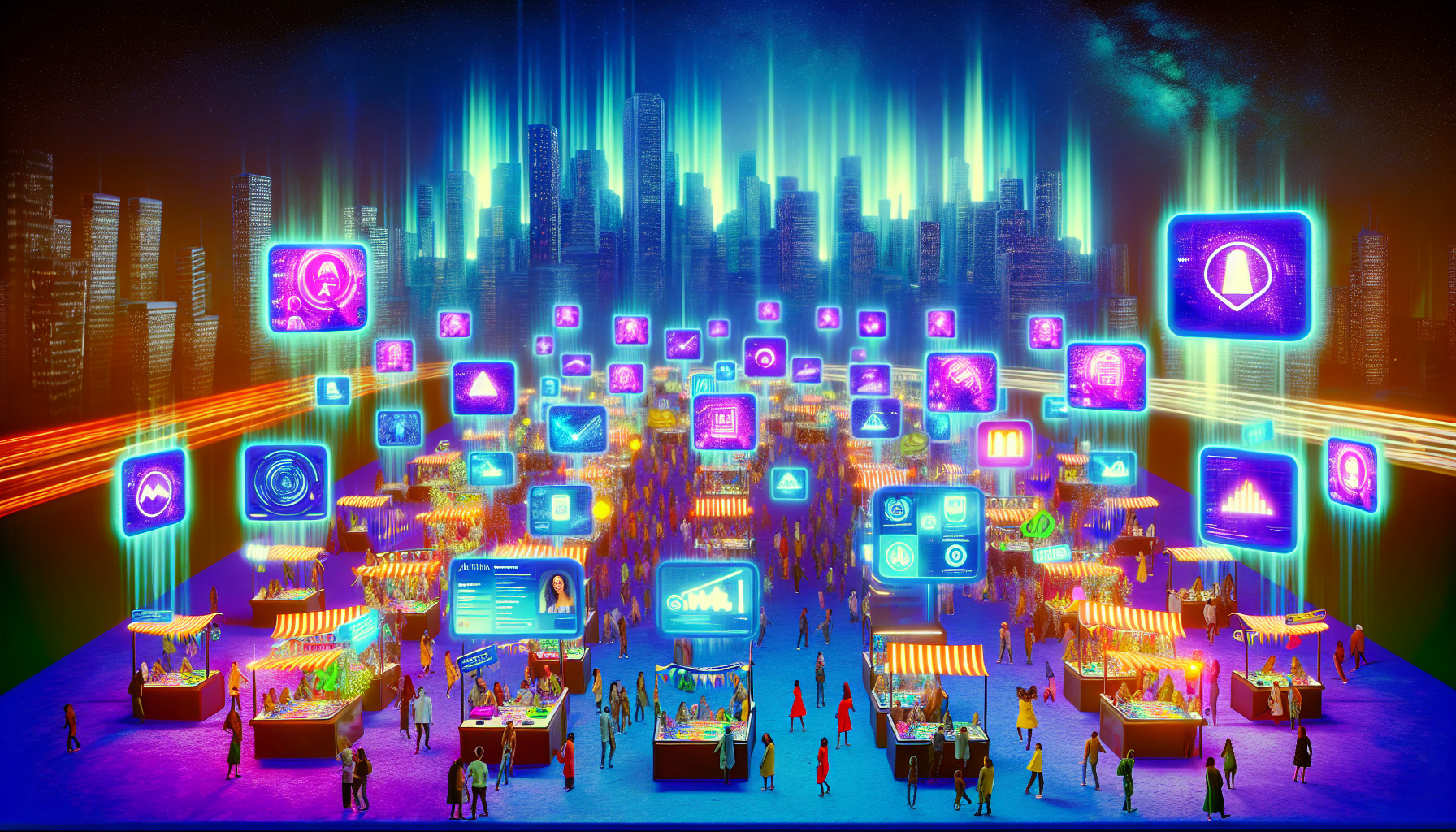 Stellen Sie sich eine lebendige Online-Plattform namens 'Affiliarena' vor. Diese Plattform ist ein pulsierender Marktplatz, erleuchtet von leuchtenden Neonlichtern und voller Energie. Überall gibt es Stände, die eine schillernde Auswahl an digitalen Produkten präsentieren, mit hellen, auffälligen Bannern und holografischen Symbolen. Die Atmosphäre ist geschäftig, mit Avataren vielfältiger Nutzer, die alle einzigartig sind, während sie stöbern, verhandeln und Transaktionen durchführen. Im Hintergrund erstreckt sich eine futuristische Stadtlandschaft mit hoch aufragenden Wolkenkratzern, deren Glasoberflächen das Licht der Bildschirme reflektieren, und einem mondbeschienenen Himmel darüber. Diese Szenerie verkörpert das Wesen einer hochmodernen, digitalen Wirtschaft, Inklusivität und Gemeinschaft.