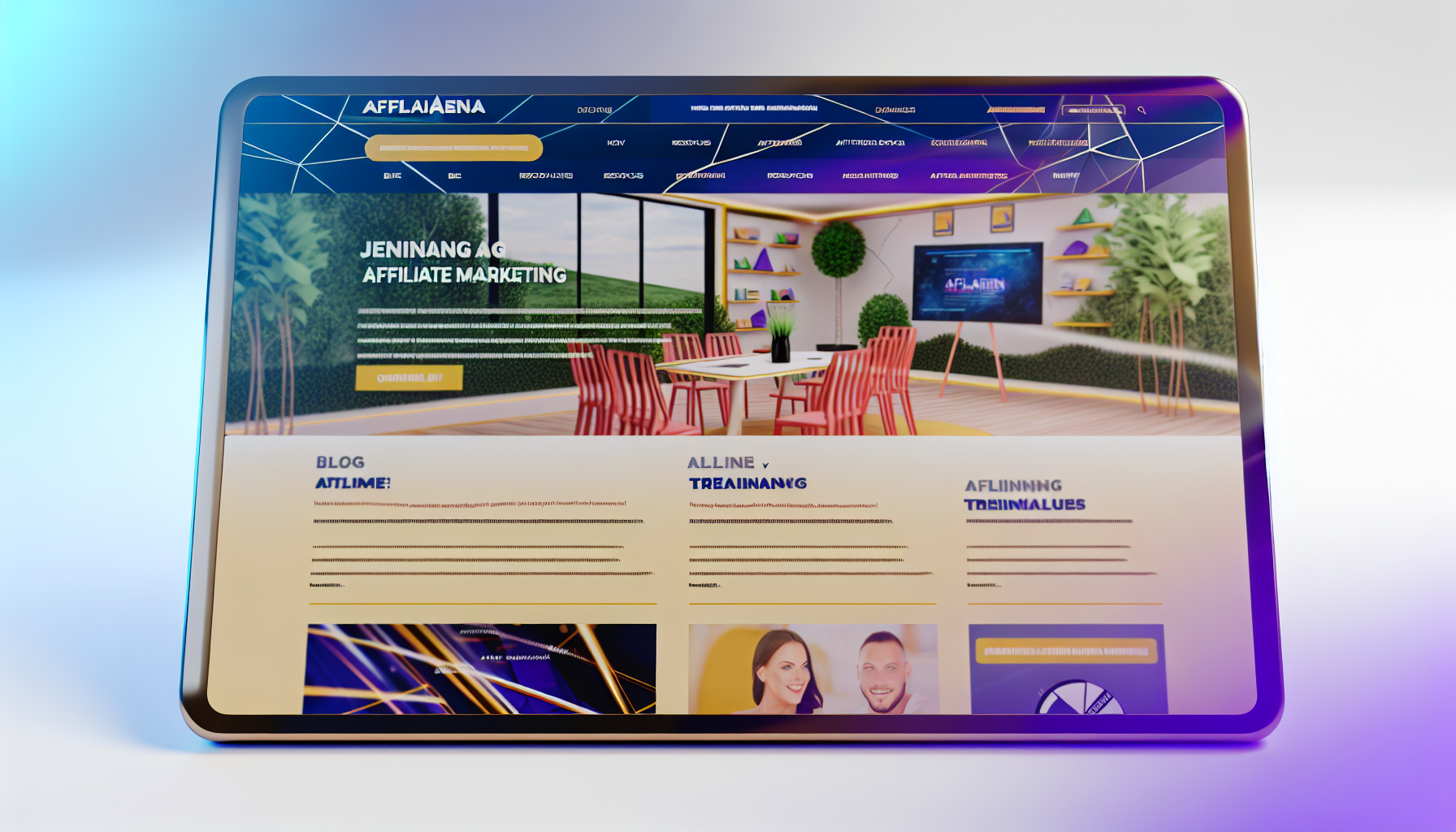 Eine digitale Darstellung, die eine moderne Website mit einer eleganten Benutzeroberfläche zeigt. Die Website trägt den Titel 'AffiliArena' und bietet ansprechende Inhalte zum Thema Affiliate-Marketing. Sie ist in einer Kombination aus lebendigen Farben und einem klaren, minimalistischen Stil gestaltet. Es gibt ein intuitiv gestaltetes Navigationsmenü, das es einfach macht, durch die verschiedenen Bereiche der Website zu navigieren. Die Seite umfasst Abschnitte für Blogartikel, Ressourcen, Schulungsmaterialien und Nutzerbewertungen. Die Startseite präsentiert ein Hero-Bild mit aktuellen Themen.