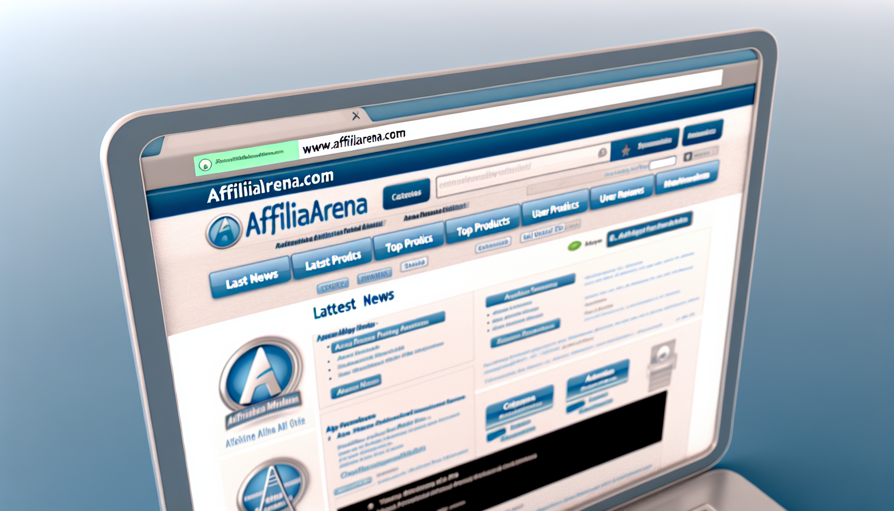 Eine Ansicht einer Online-Plattform namens affiliarena.com. Die Plattform zeigt verschiedene Funktionen, wie eine Navigationsleiste oben, ein Logo in der oberen linken Ecke und verschiedene aufgelistete Kategorien. Die Website hat auch Abschnitte für die neuesten Nachrichten, Top-Produkte und Benutzerbewertungen. Das Farbschema ist hauptsächlich blau und weiß. Bitte beachten Sie, dass dies eine imaginäre Darstellung der Website und keine tatsächliche Wiedergabe ist.